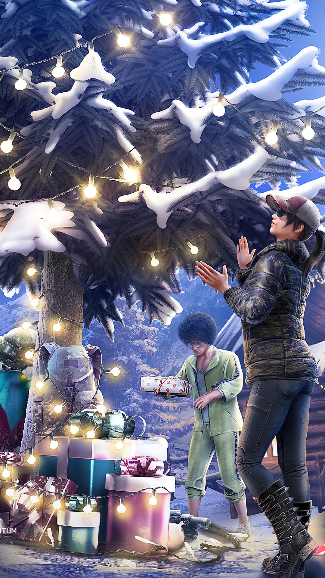 Two characters by a Christmas tree with presents in PUBG HD Phone Wallpaper