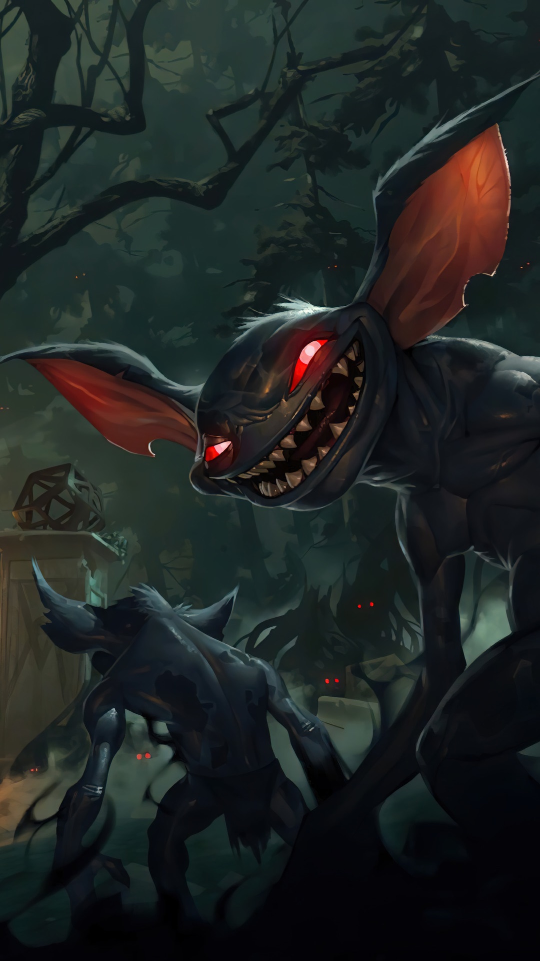 Monsters with red eyes in a dark forest HD Phone Wallpaper