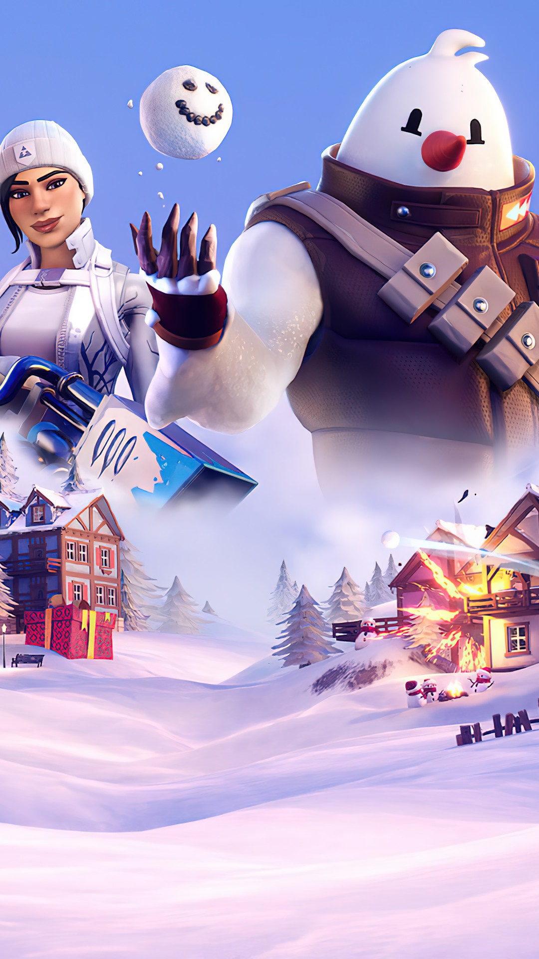 Fortnite characters in a snowy village HD Phone Wallpaper