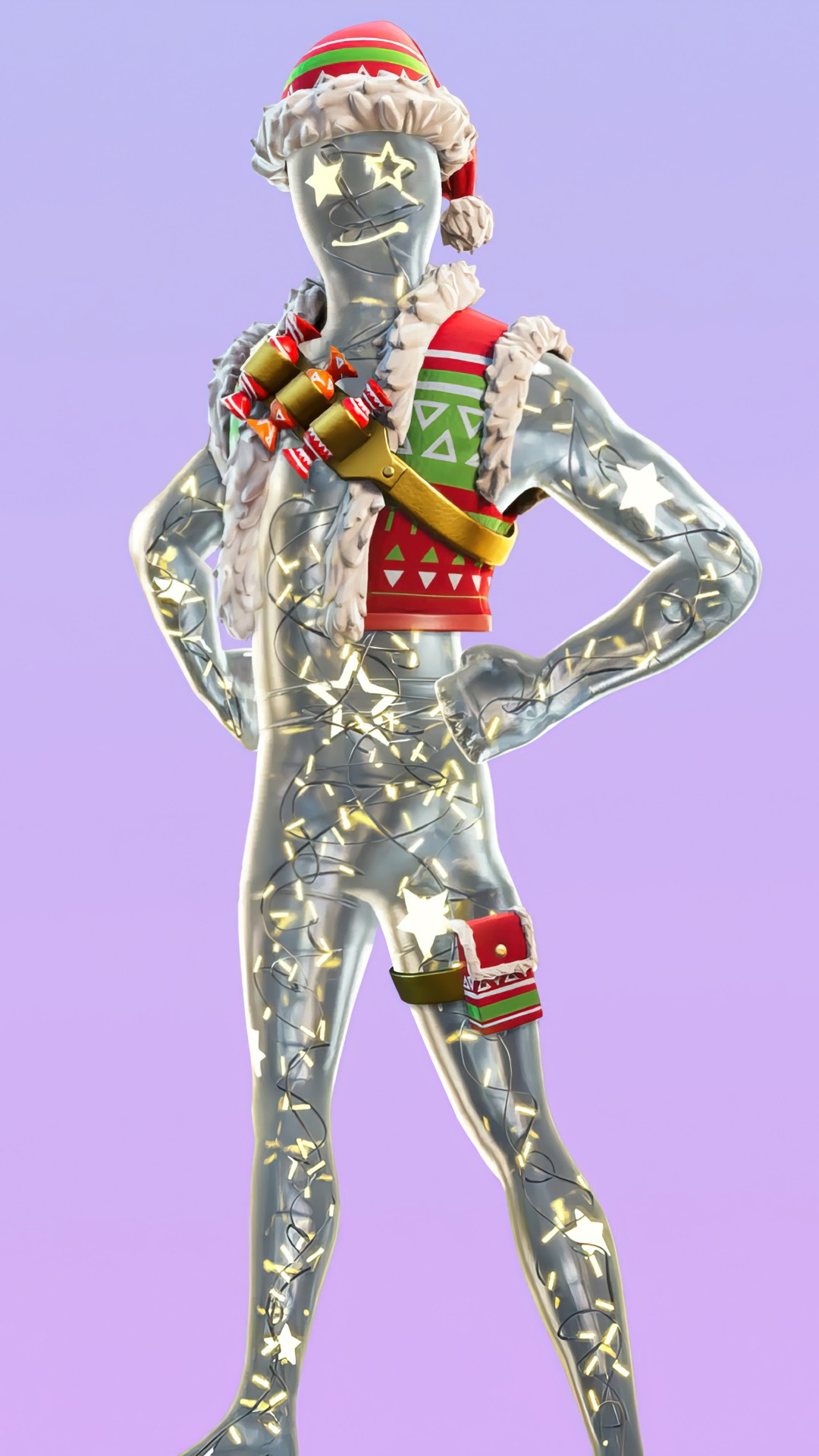 Fortnite character with Christmas lights and candy HD Phone Wallpaper