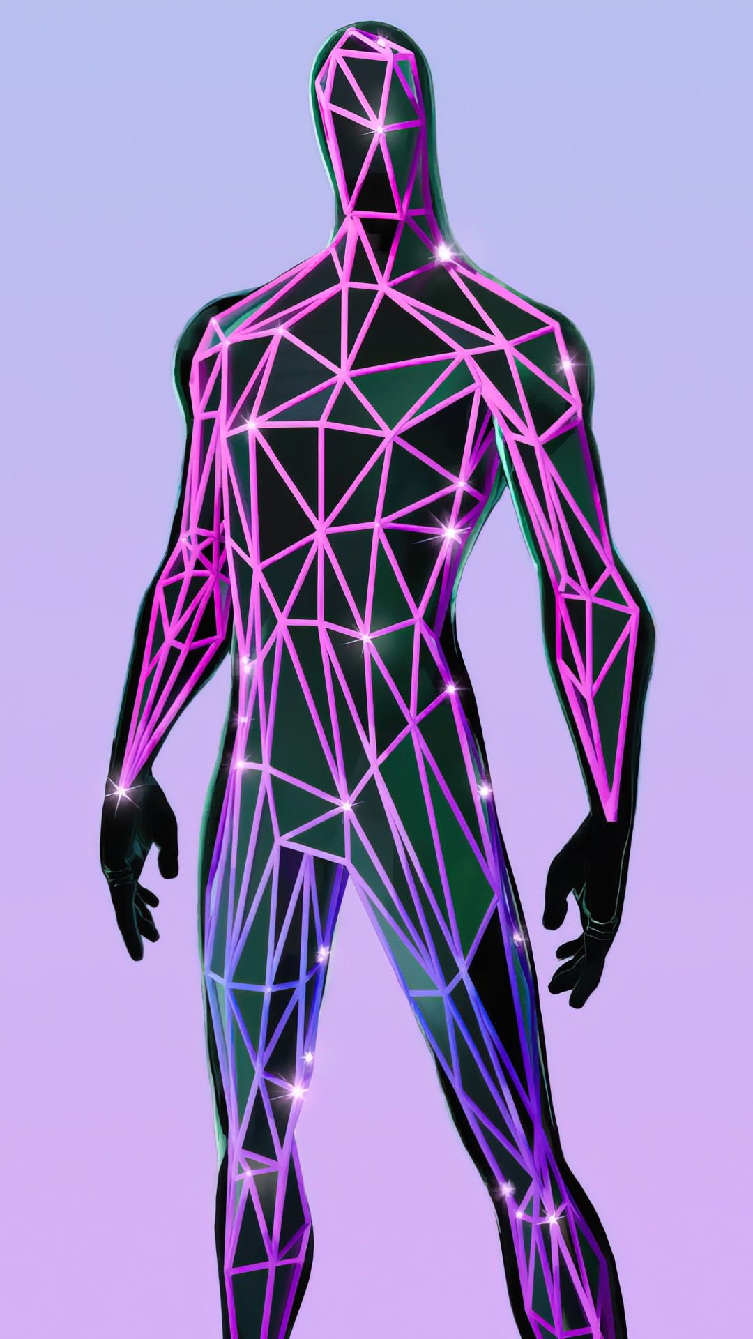 Fortnite character with geometric pink and purple glow HD Phone Wallpaper