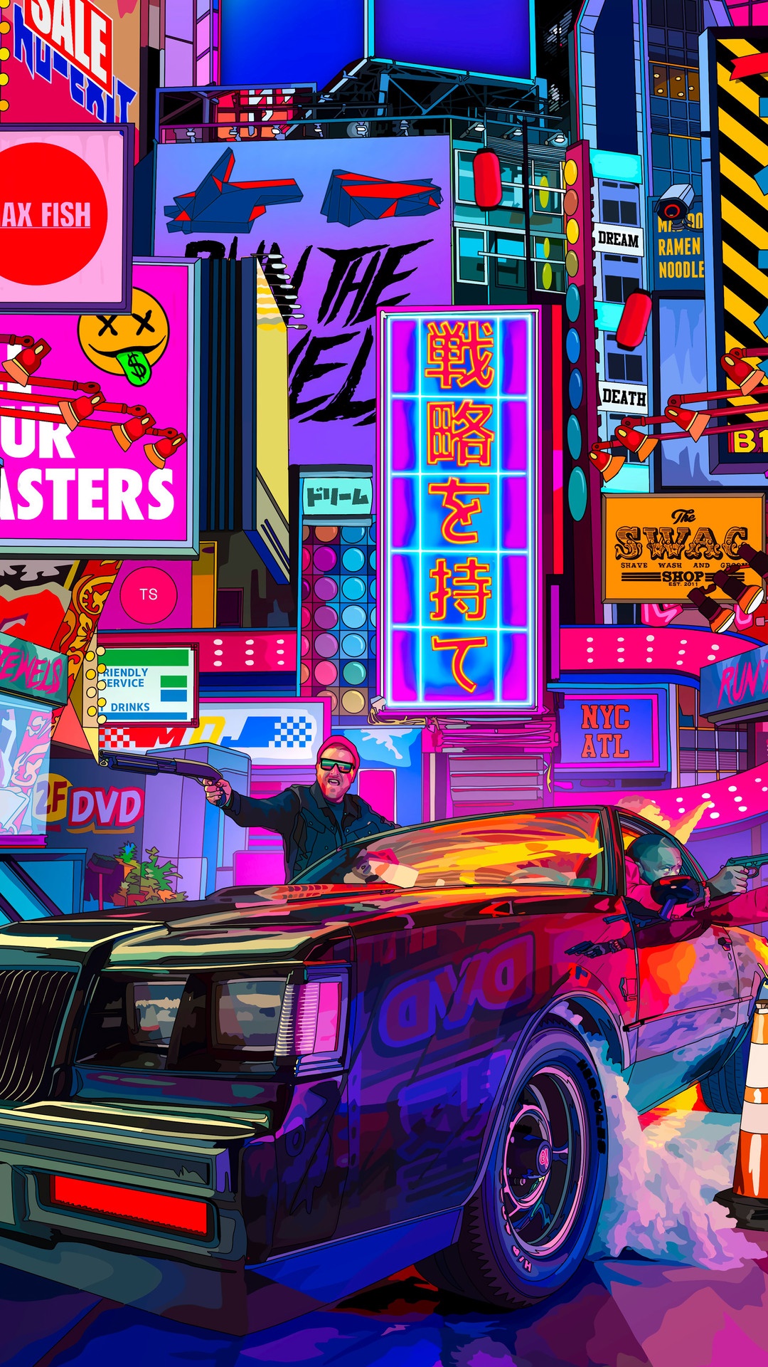 Man in car with guns in neon city HD Phone Wallpaper