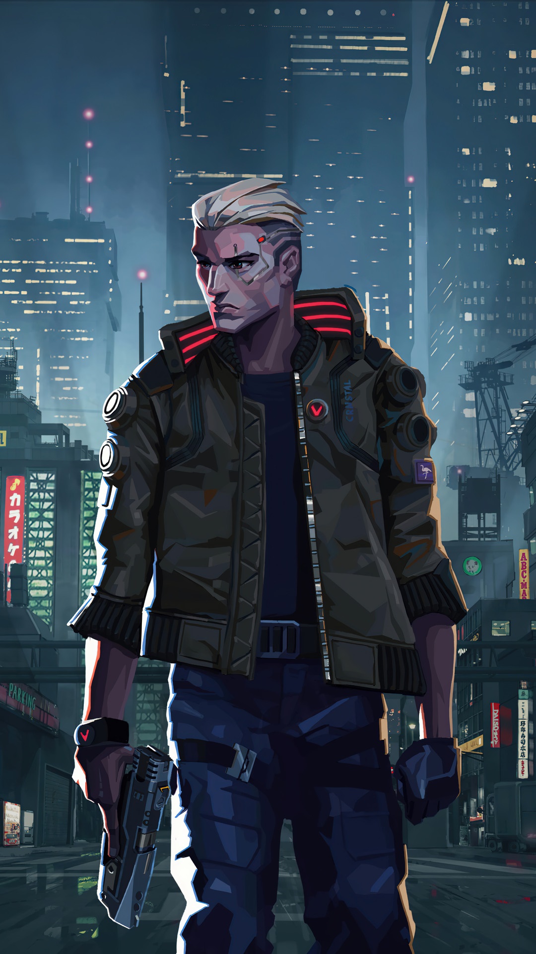 Man with gun in Night City from Cyberpunk 2077 HD Phone Wallpaper