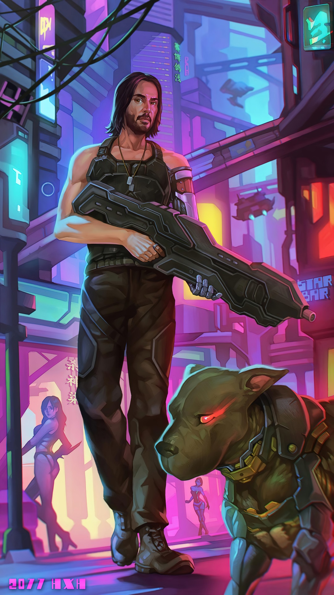 Johnny Silverhand from Cyberpunk 2077 with a cybernetic dog HD Phone Wallpaper