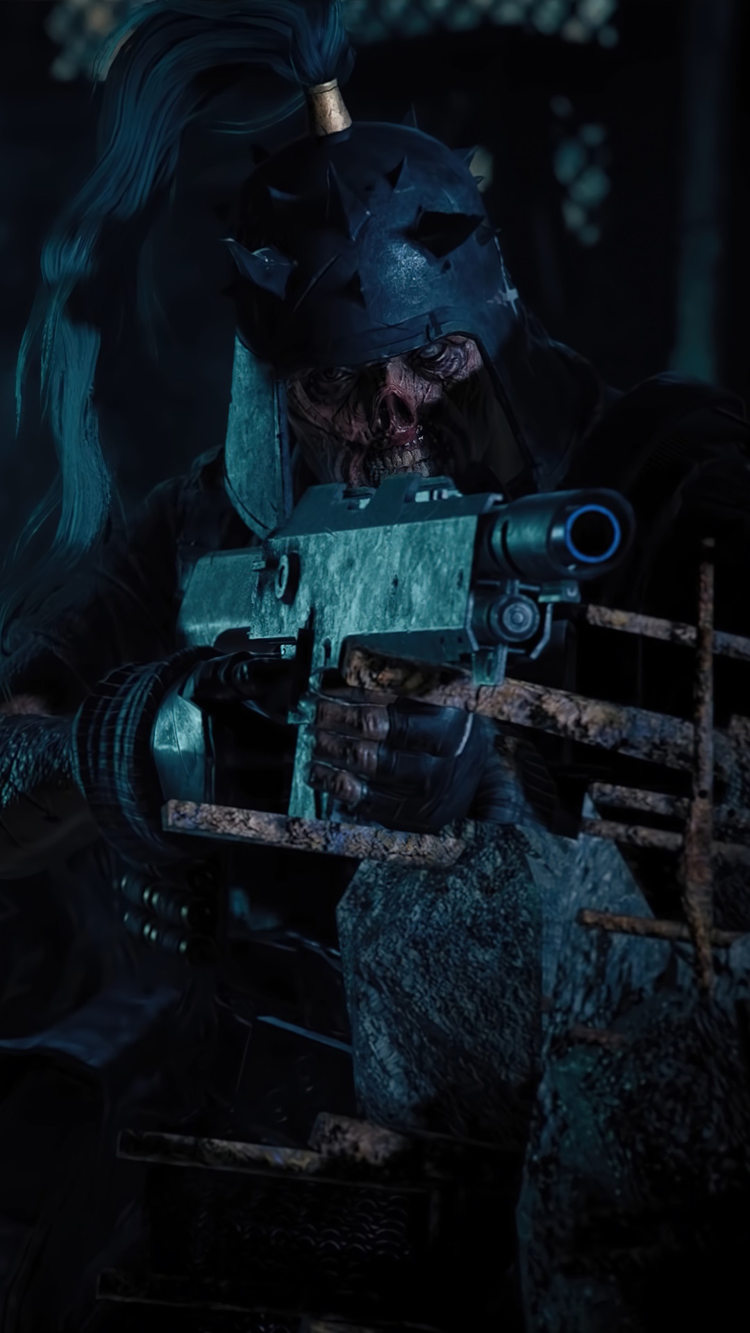 Character from Warhammer 40000 Darktide holding a weapon HD Phone Wallpaper