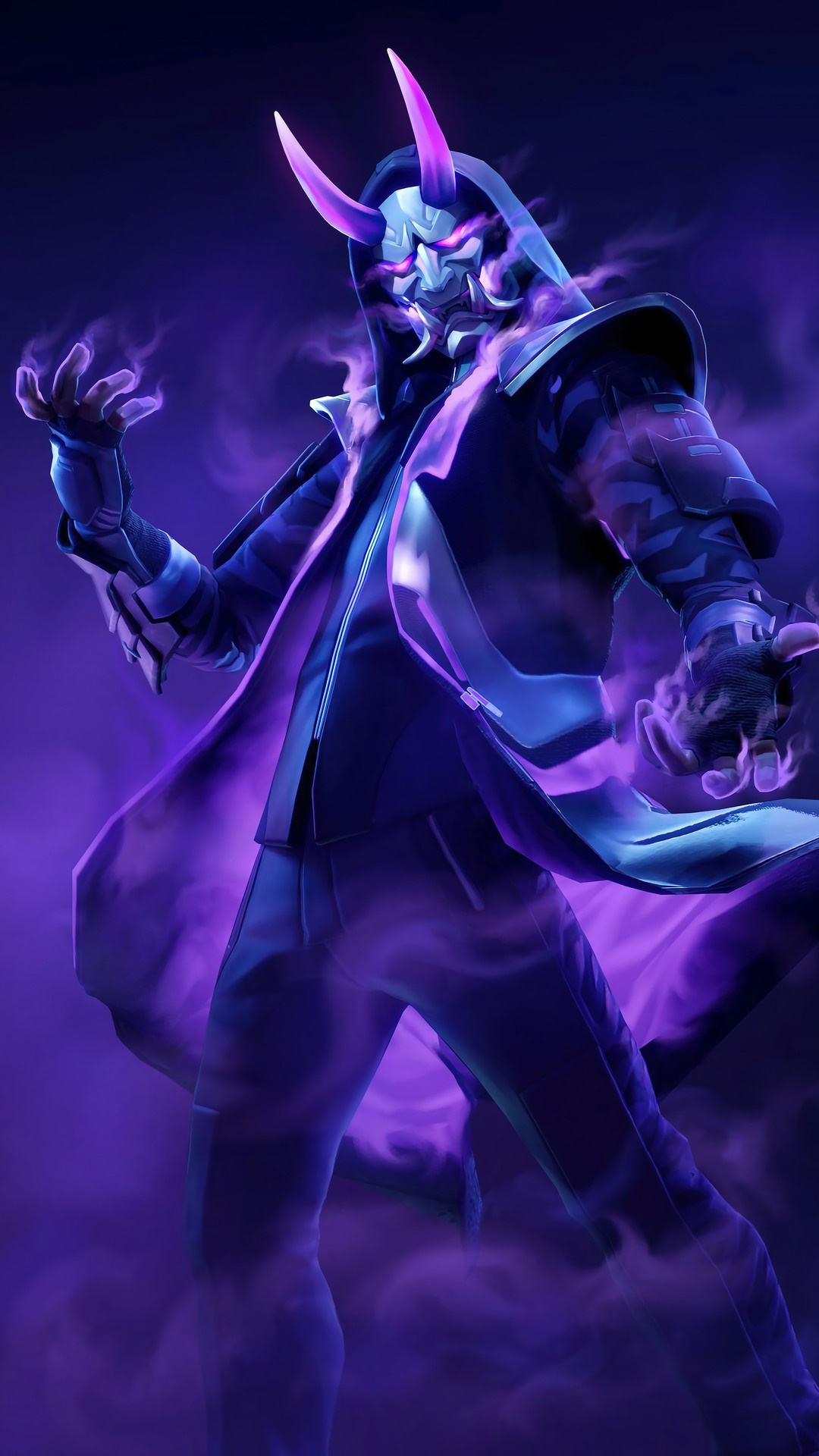 Fortnite character with purple smoke and horns HD Phone Wallpaper