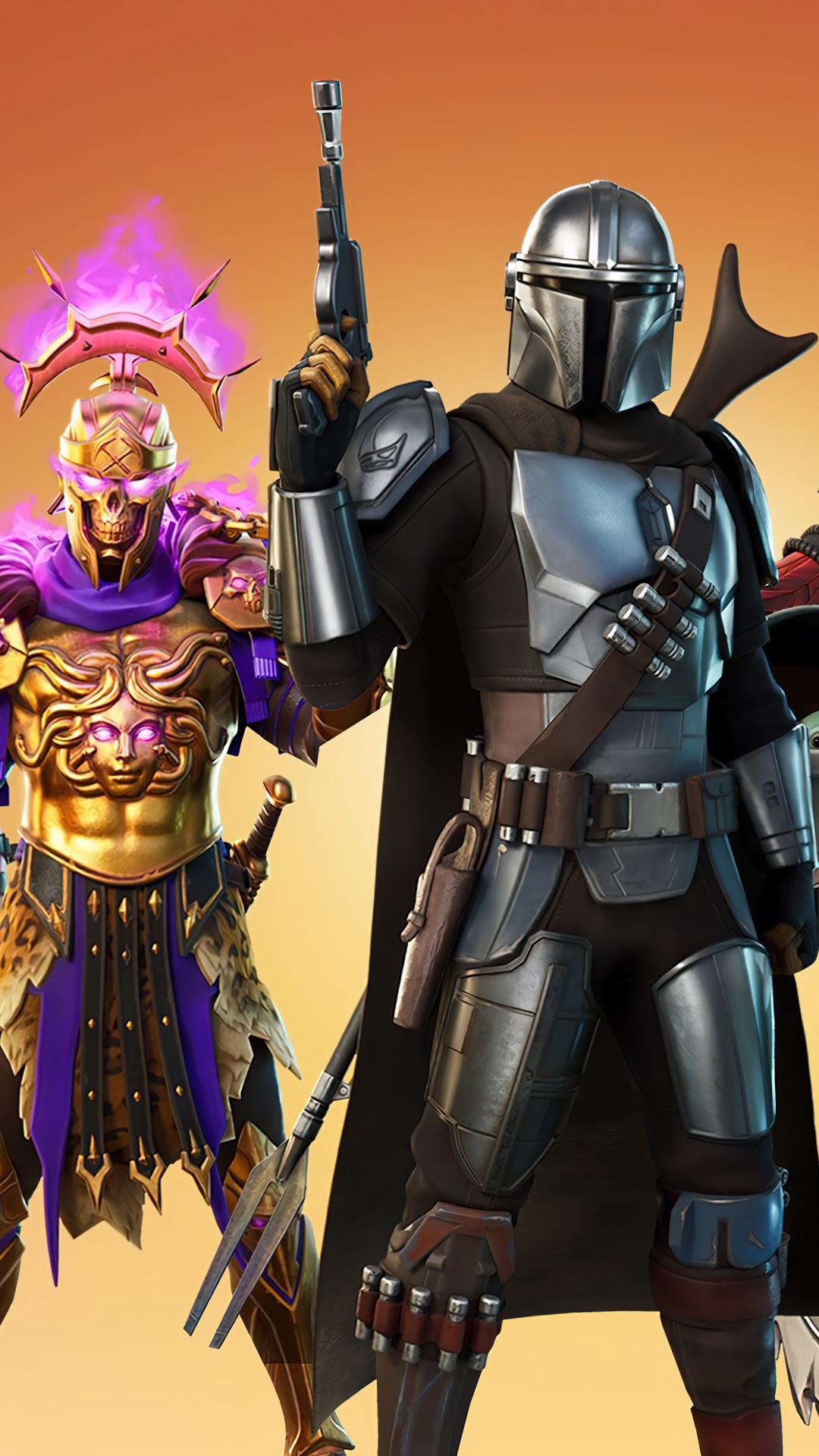 The Mandalorian and a golden warrior from Fortnite HD Phone Wallpaper