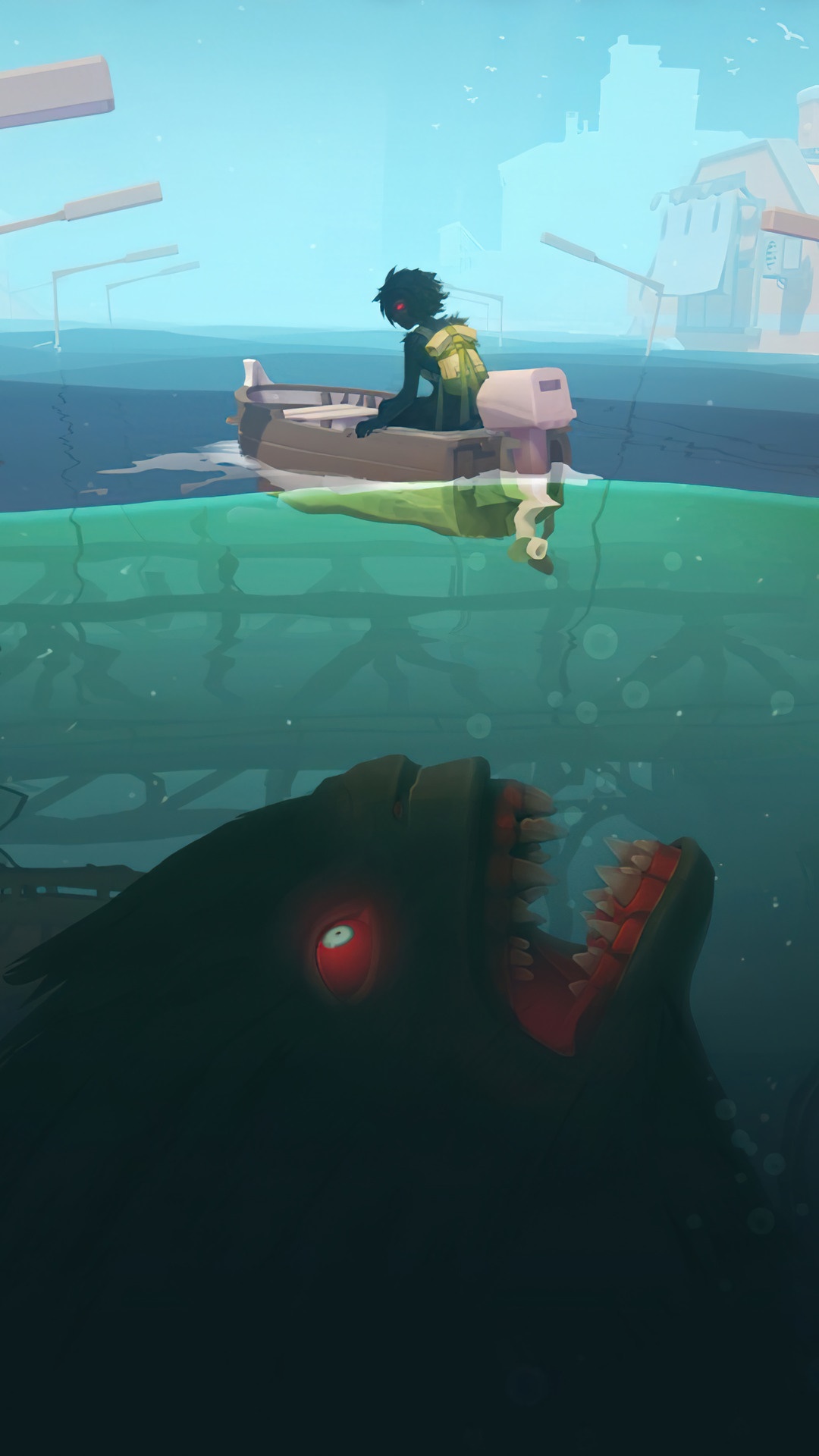 Sea of Solitude: Person in boat threatened by sea monster HD Phone Wallpaper