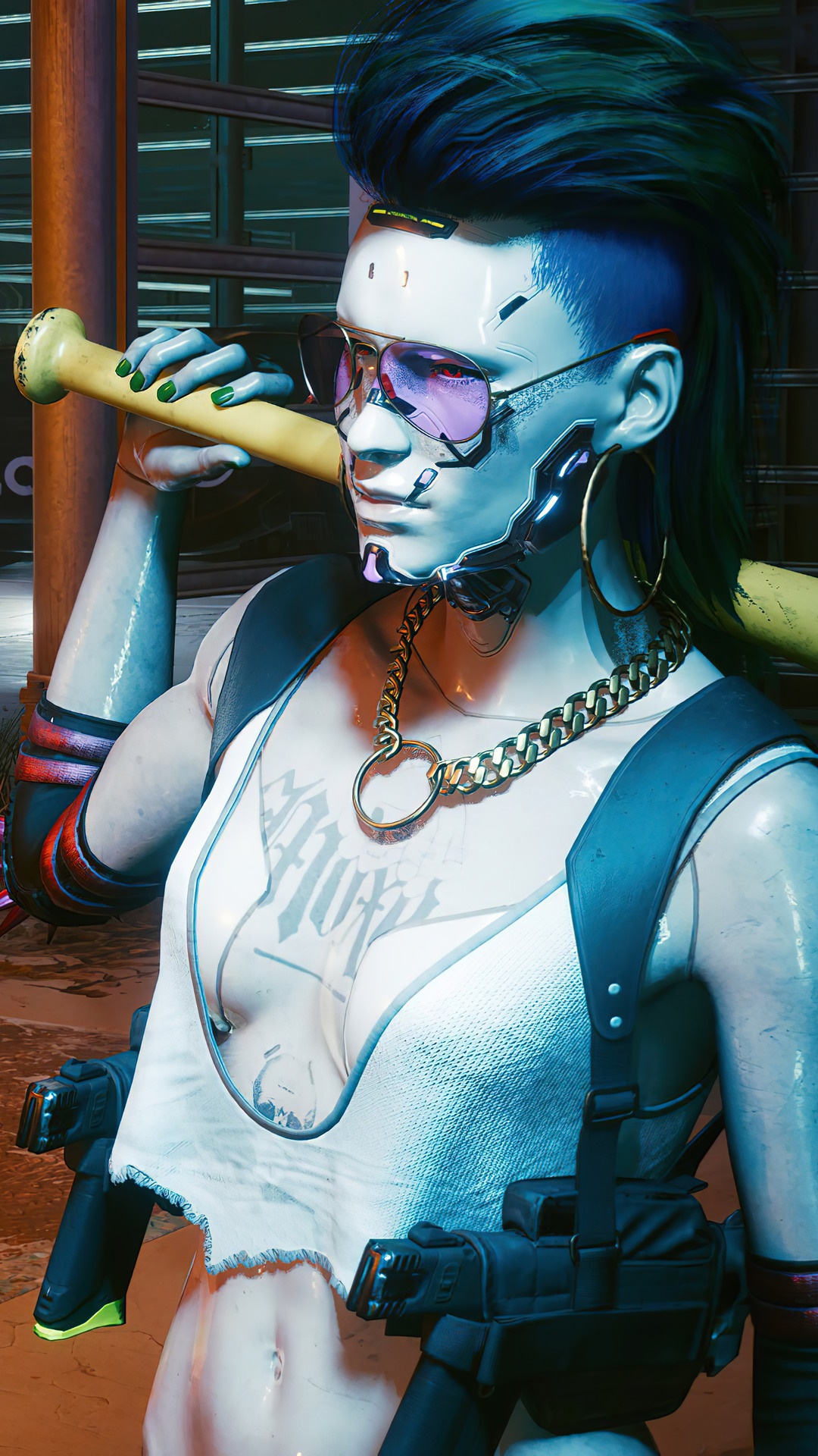 Mox from Cyberpunk 2077 with baseball bat HD Phone Wallpaper