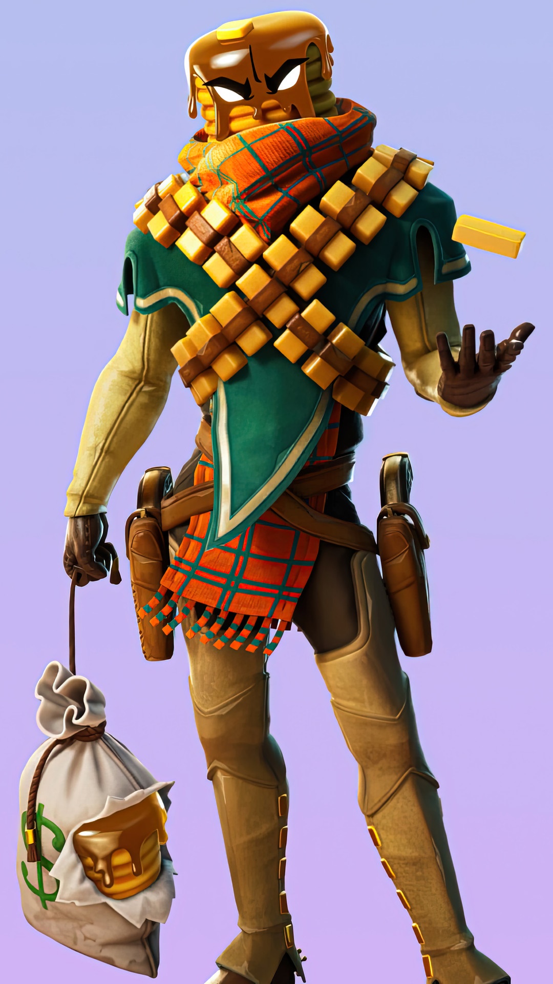 Fortnite character with honey and money bag HD Phone Wallpaper