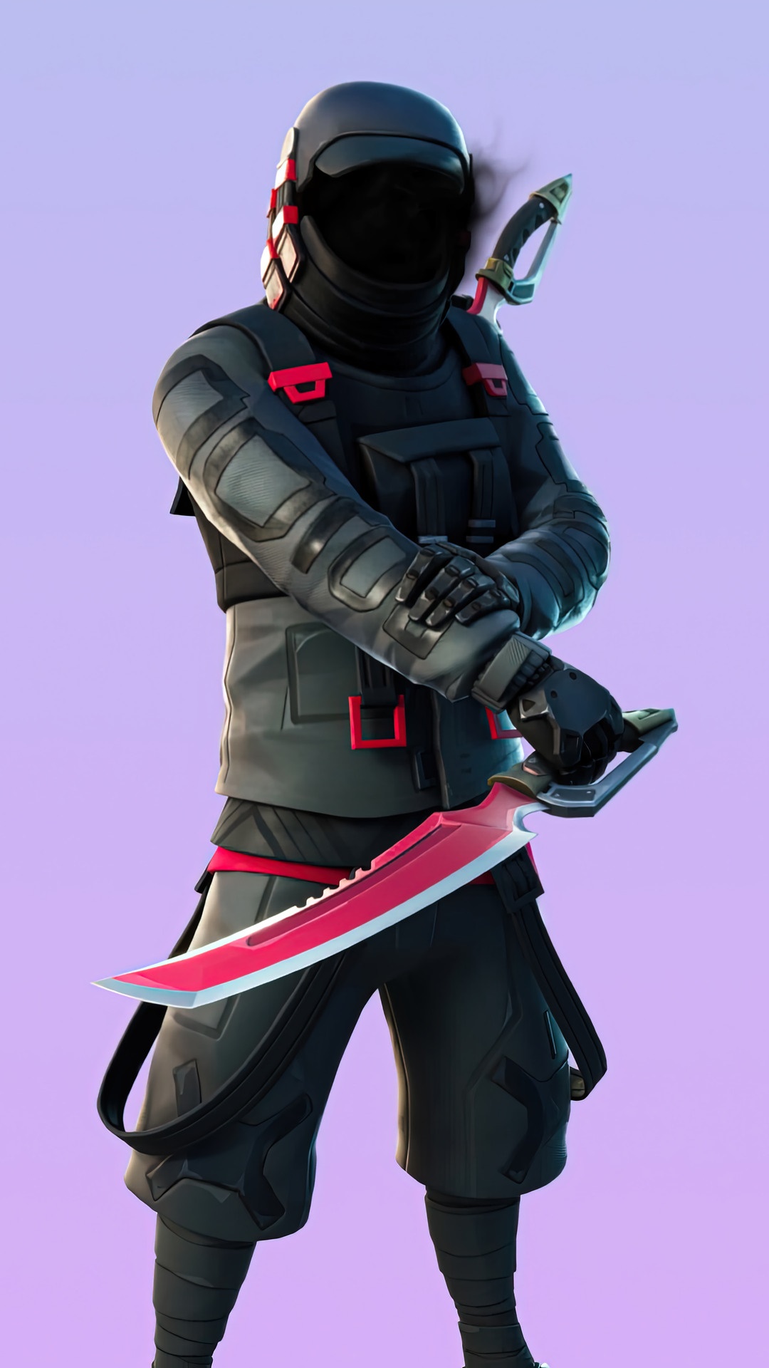 Fortnite character with black helmet and pink knife HD Phone Wallpaper