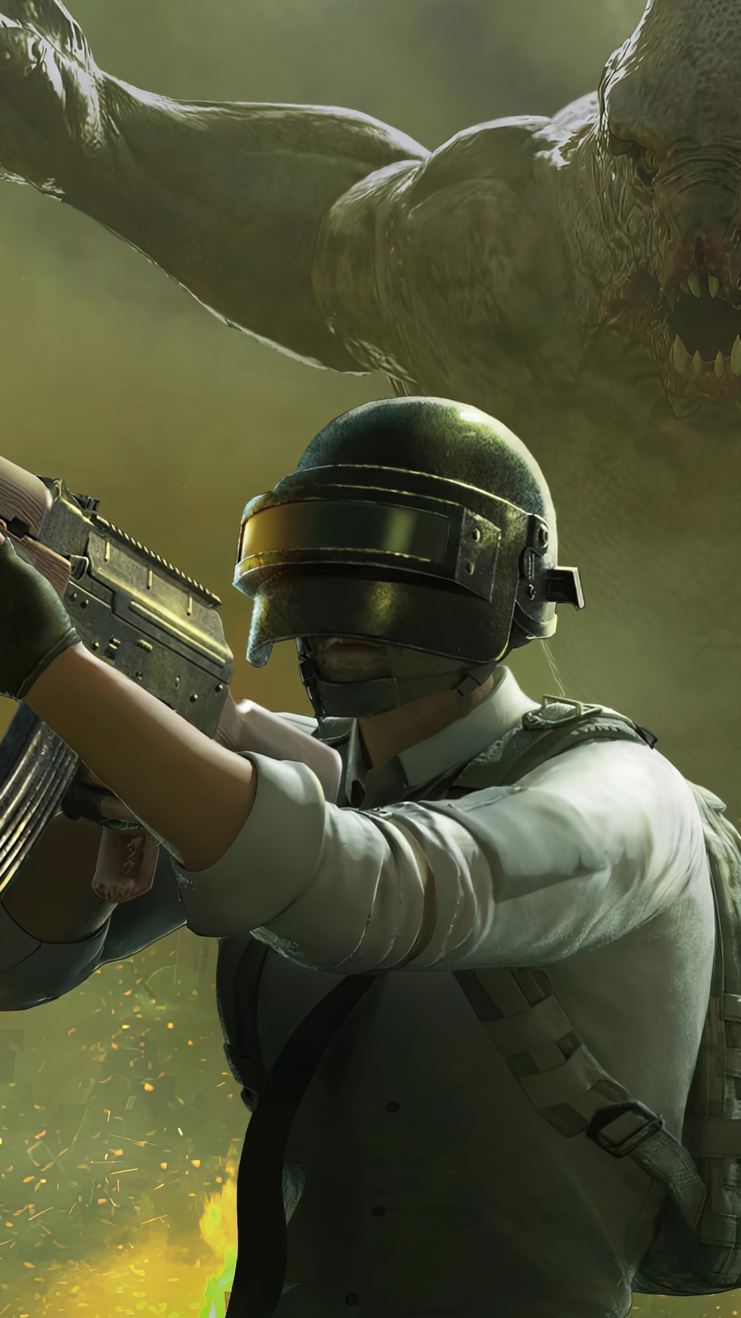 Player in PUBG Mobile aiming a rifle with a monster in the background HD Phone Wallpaper