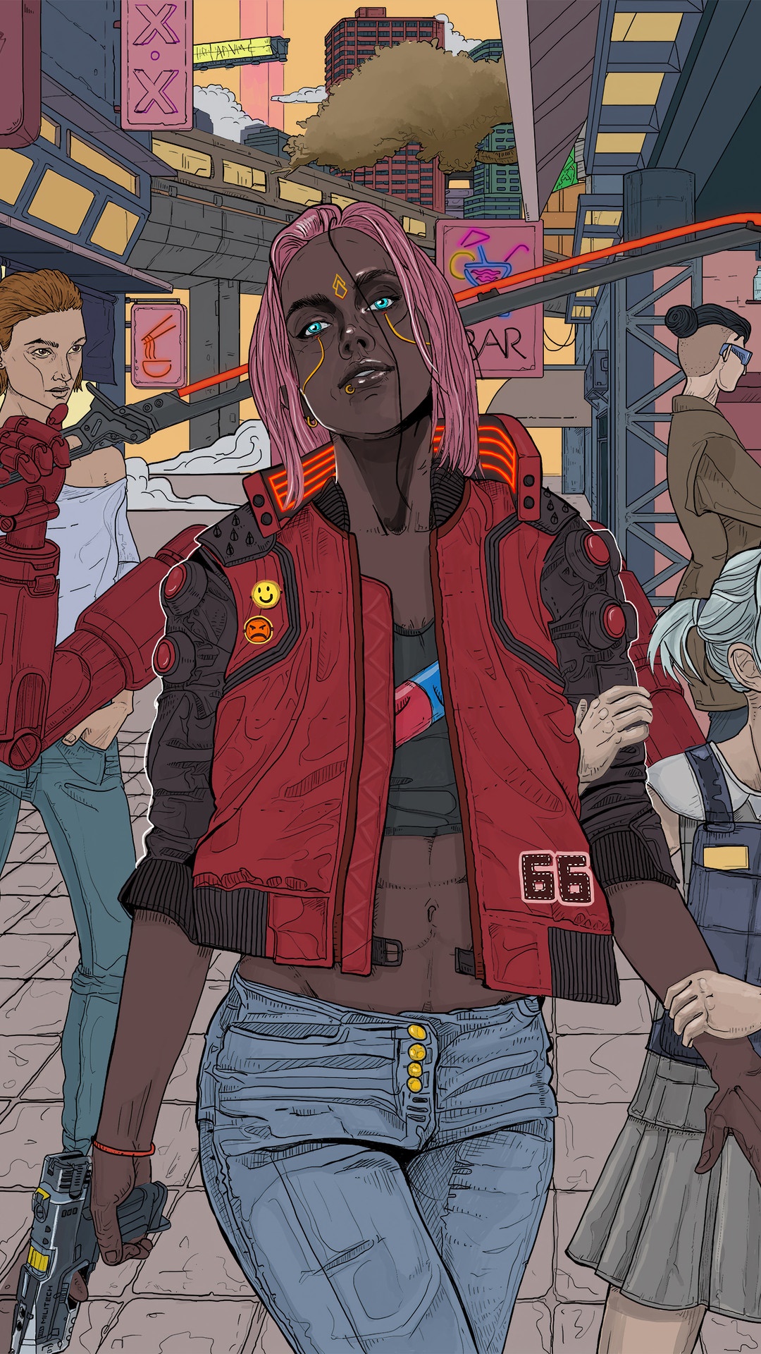 Cyberpunk 2077 characters in a city street HD Phone Wallpaper