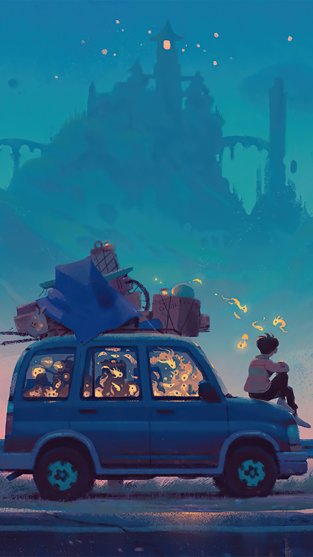 Person sitting by a car with luggage on roof near castle HD Phone Wallpaper