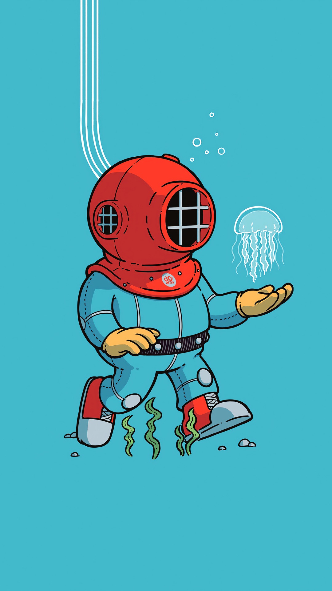 Cartoon diver holding a jellyfish HD Phone Wallpaper