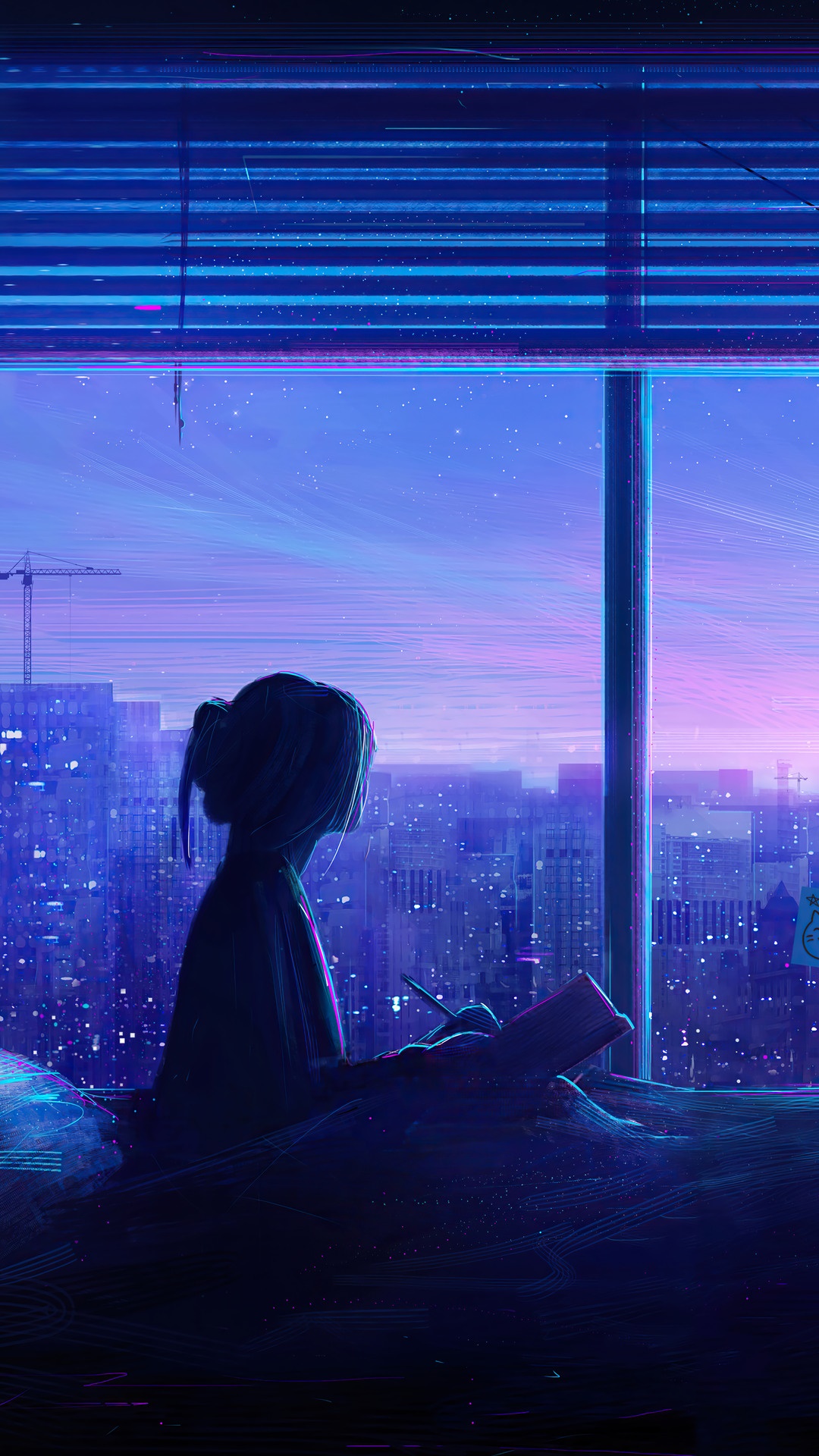 Girl drawing by the window overlooking city at night HD Phone Wallpaper