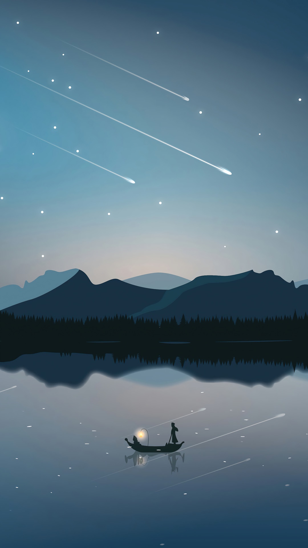 Minimalist night sky with shooting stars over a lake and mountains HD Phone Wallpaper