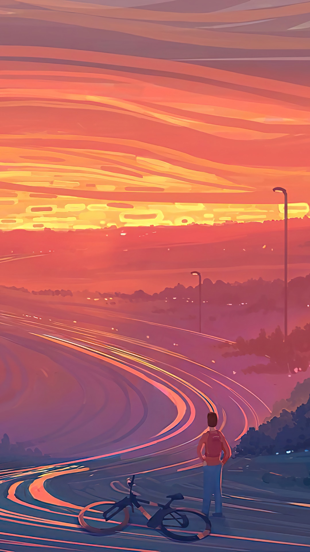 Digital Art of a Sunset Landscape with a Person and Bicycle HD Phone Wallpaper