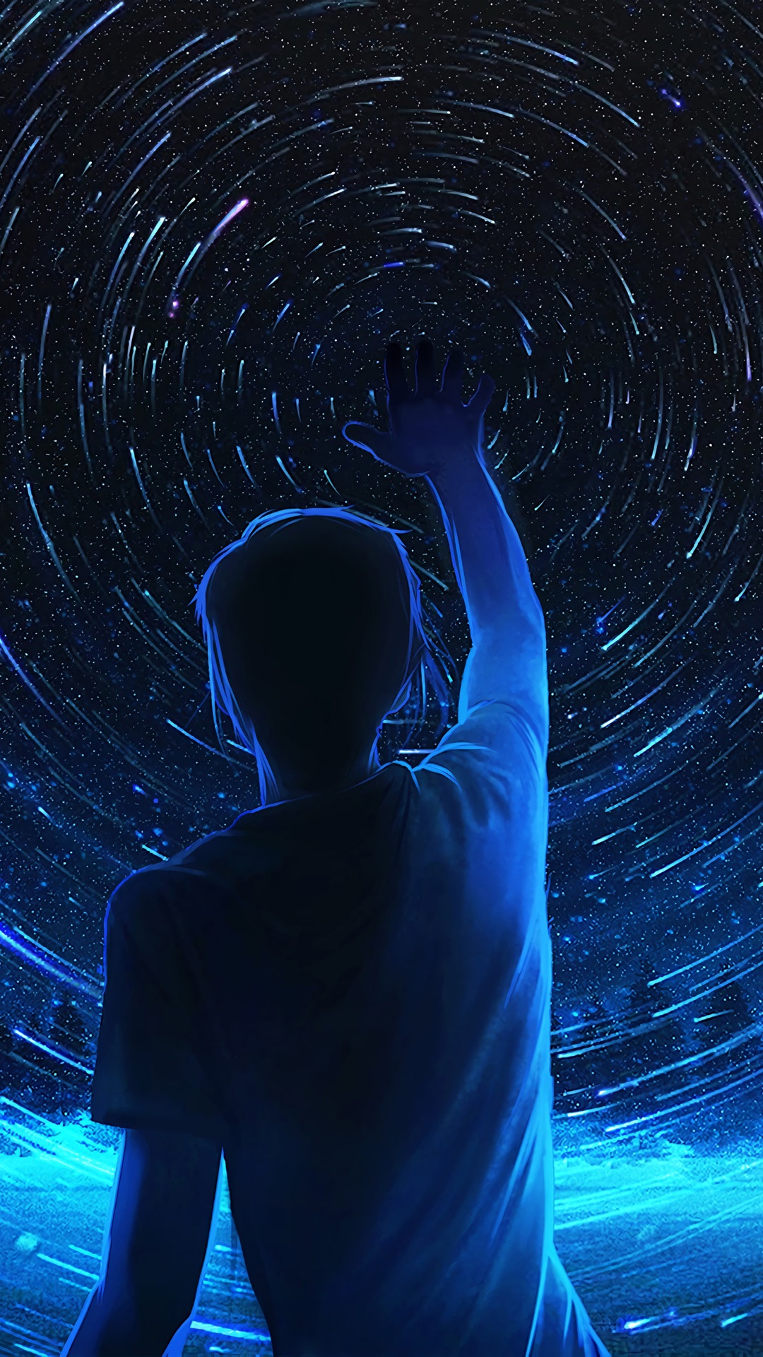 Silhouette of a person reaching towards a starry night sky HD Phone Wallpaper