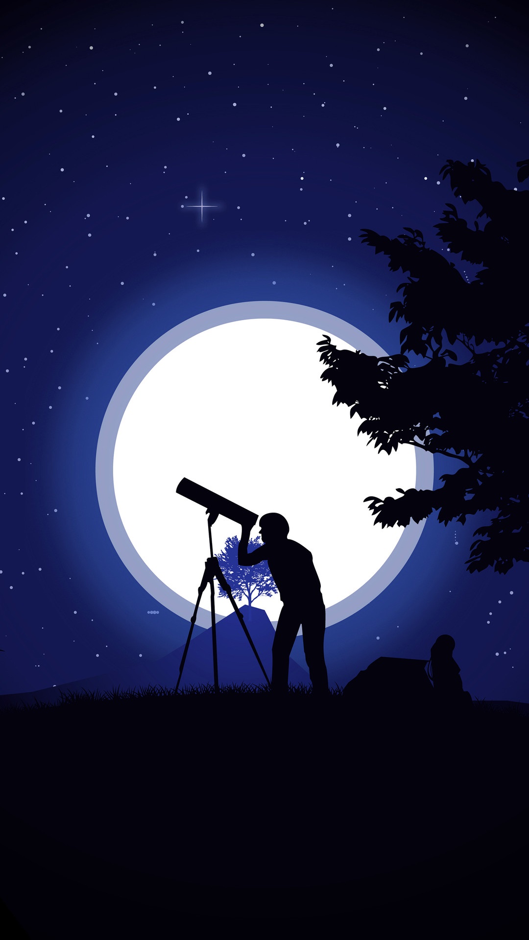 Silhouette of a person using a telescope under the moon HD Phone Wallpaper