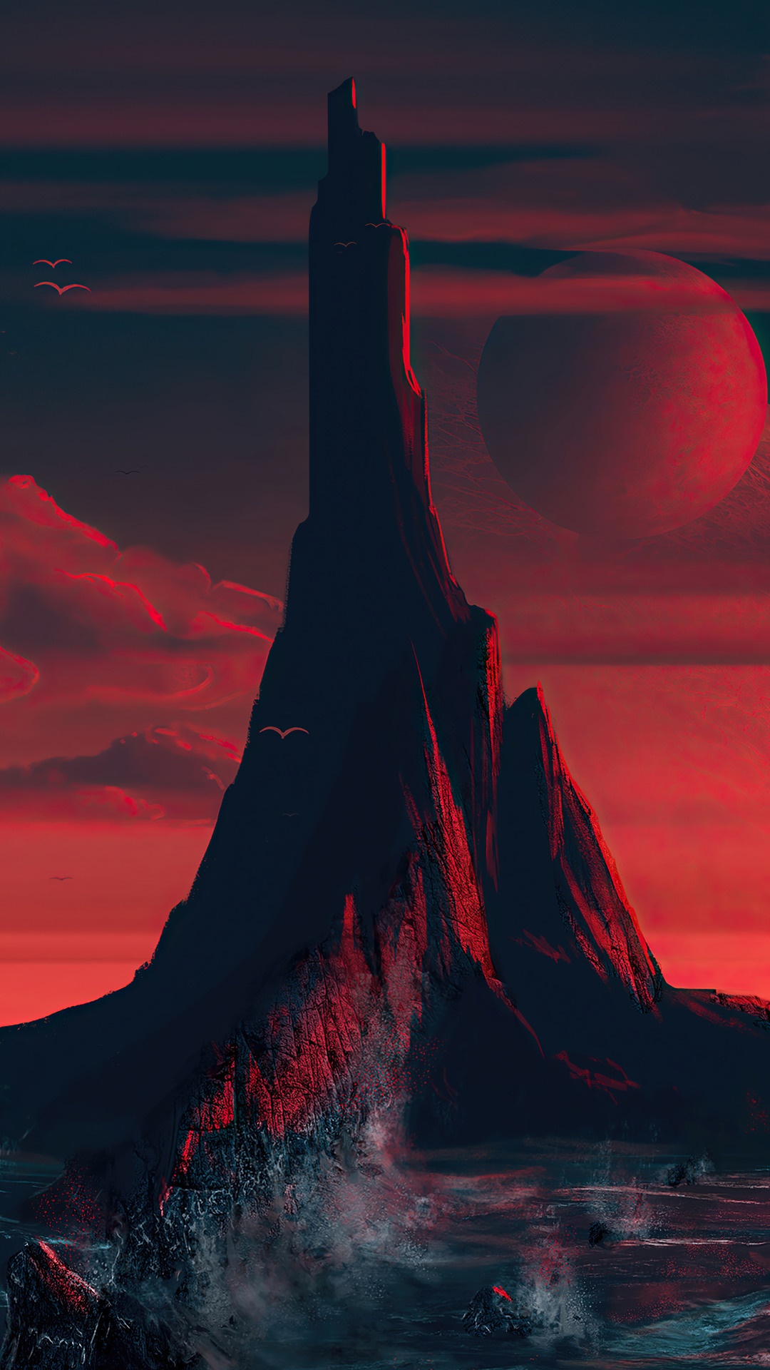 Dark island mountain with red moon and birds HD Phone Wallpaper