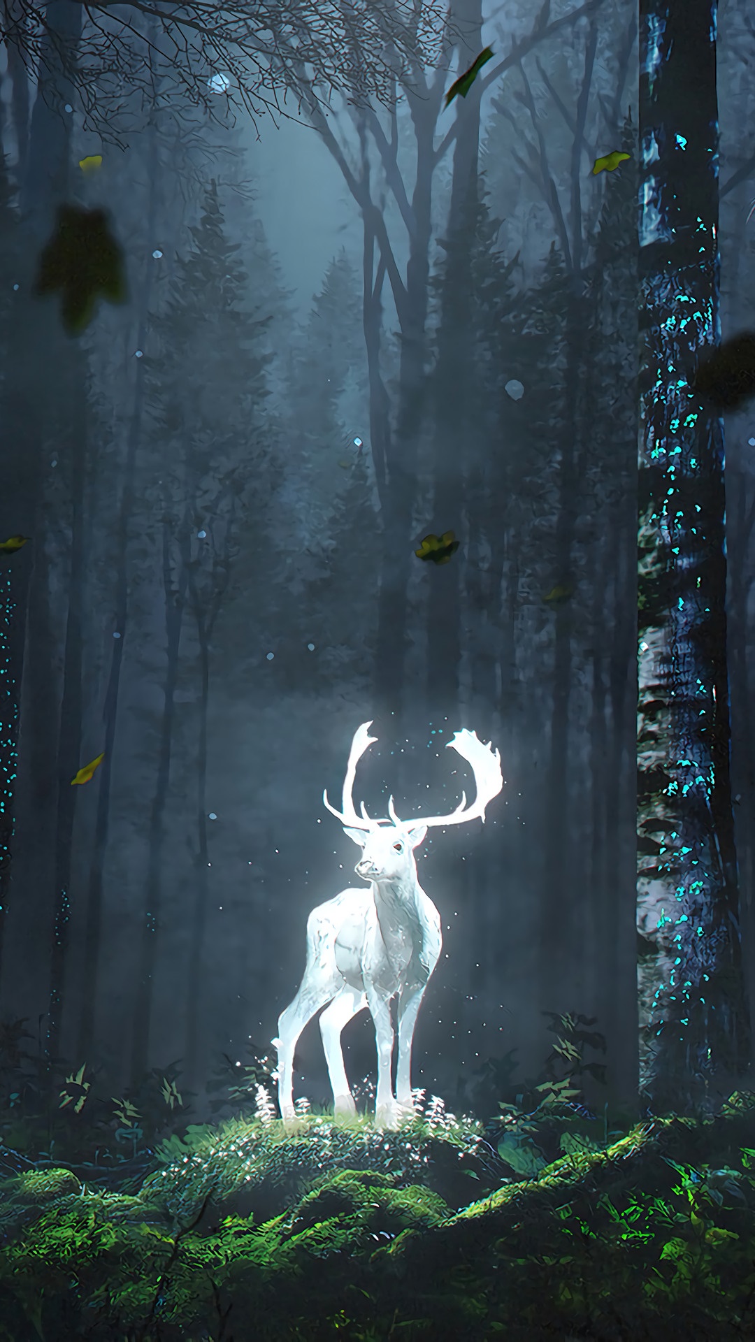 Fantasy white deer in a dark, misty forest HD Phone Wallpaper