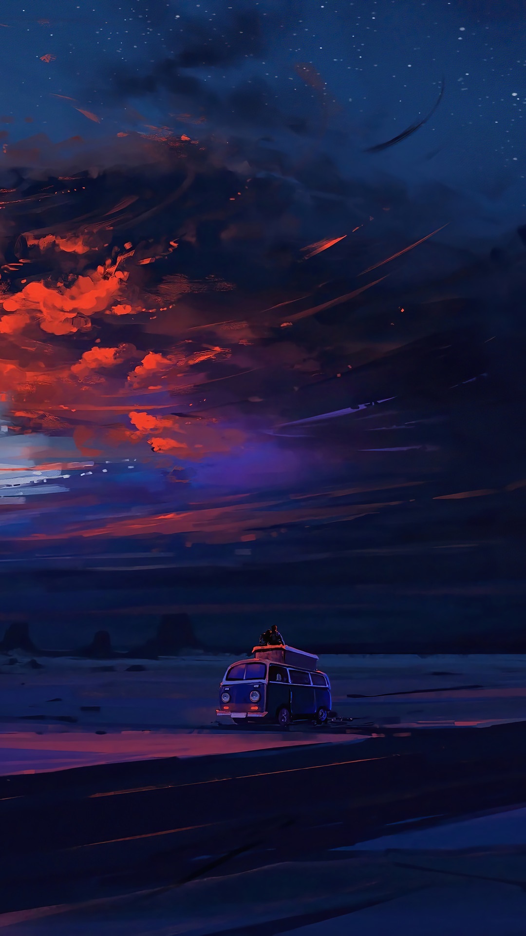 Van driving under a colorful night sky with shooting stars HD Phone Wallpaper