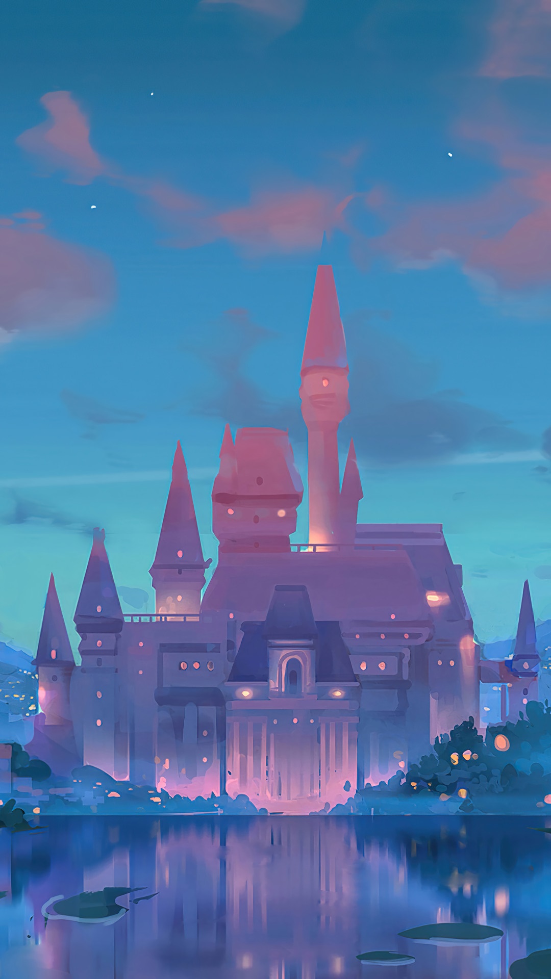 Fantasy castle by a lake at twilight HD Phone Wallpaper