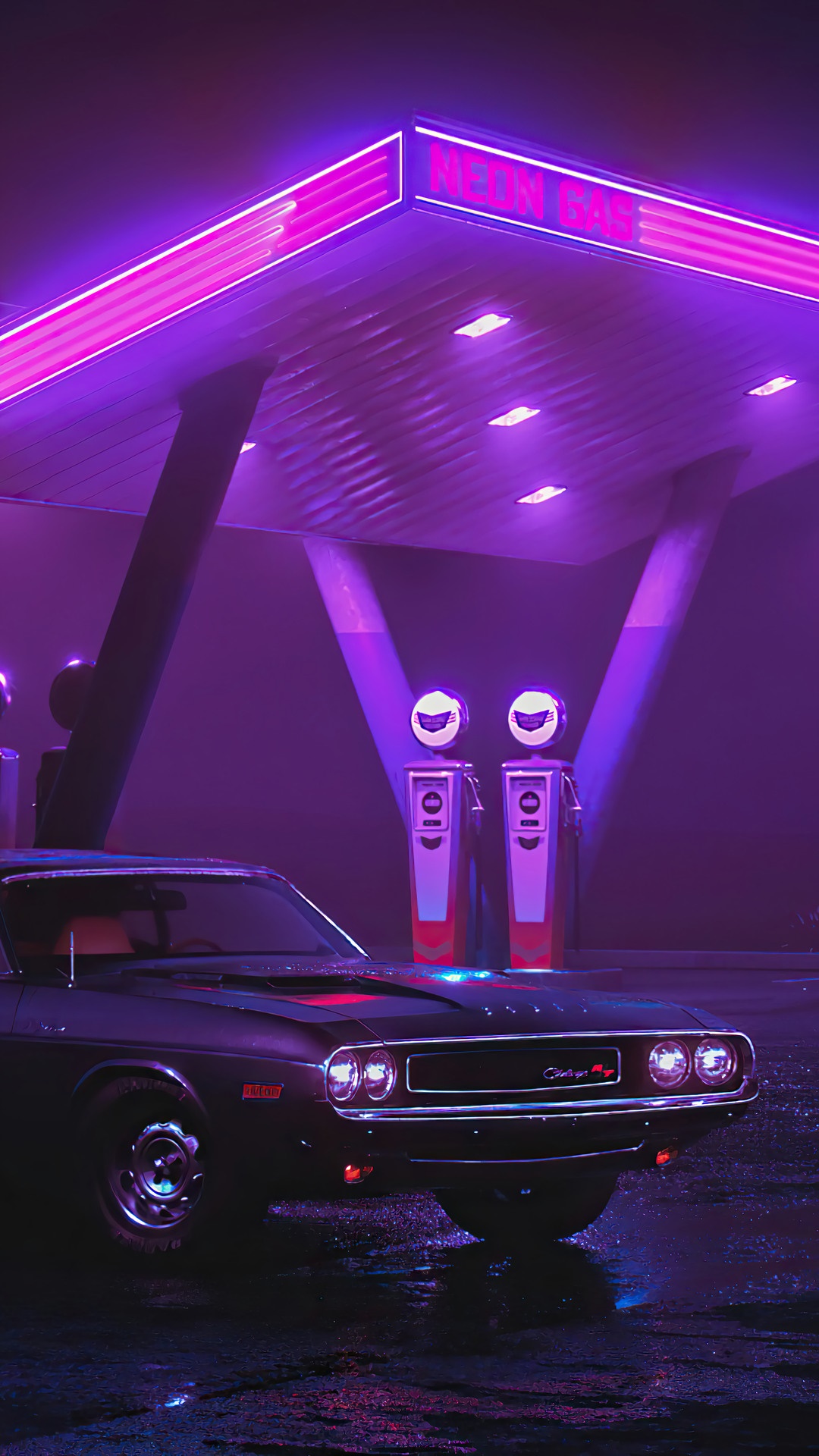 Retro car at a neon gas station at night HD Phone Wallpaper