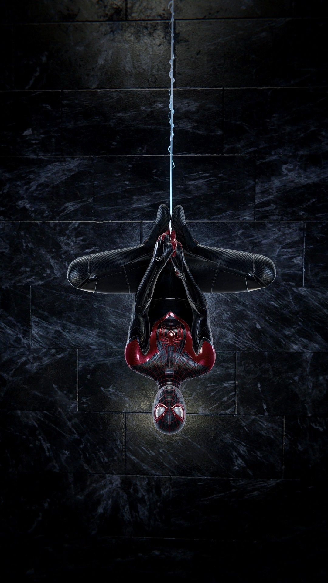 Miles Morales from Marvel's Spider-Man hanging upside down HD Phone Wallpaper