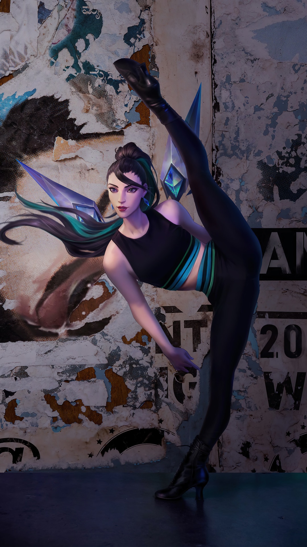 Kai'Sa from League of Legends performing a high kick HD Phone Wallpaper