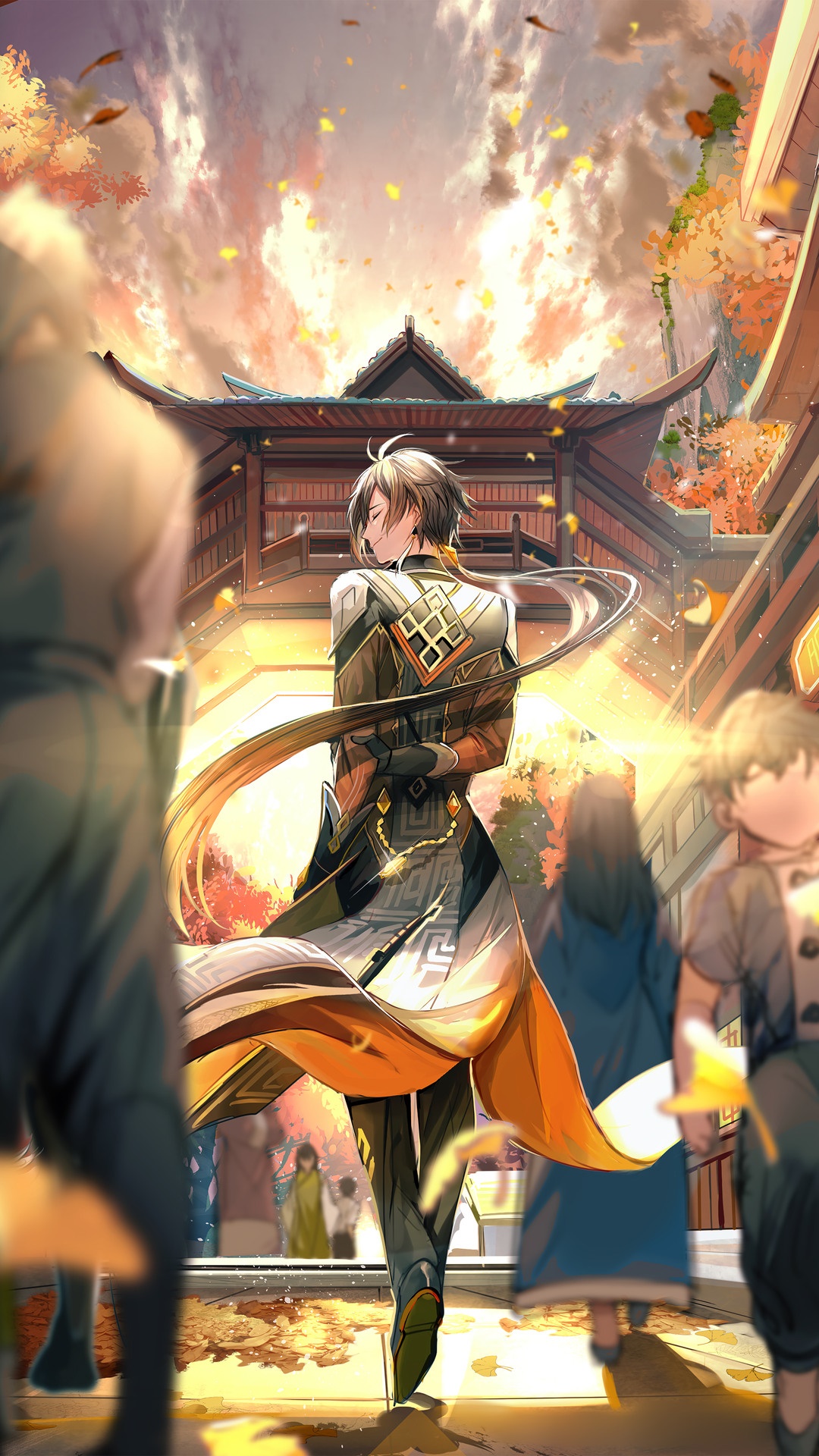 Zhongli from Genshin Impact in a street HD Phone Wallpaper