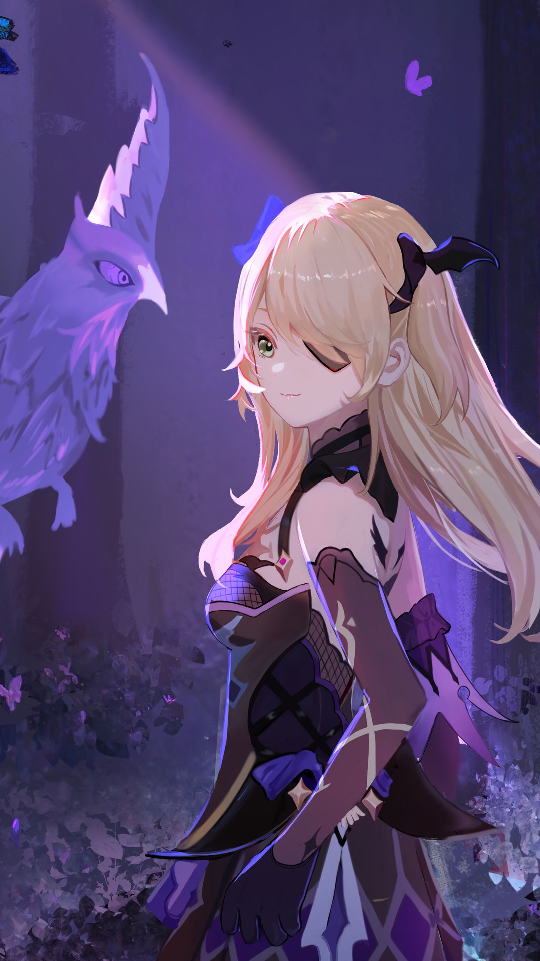 Fischl from Genshin Impact with a bird HD Phone Wallpaper