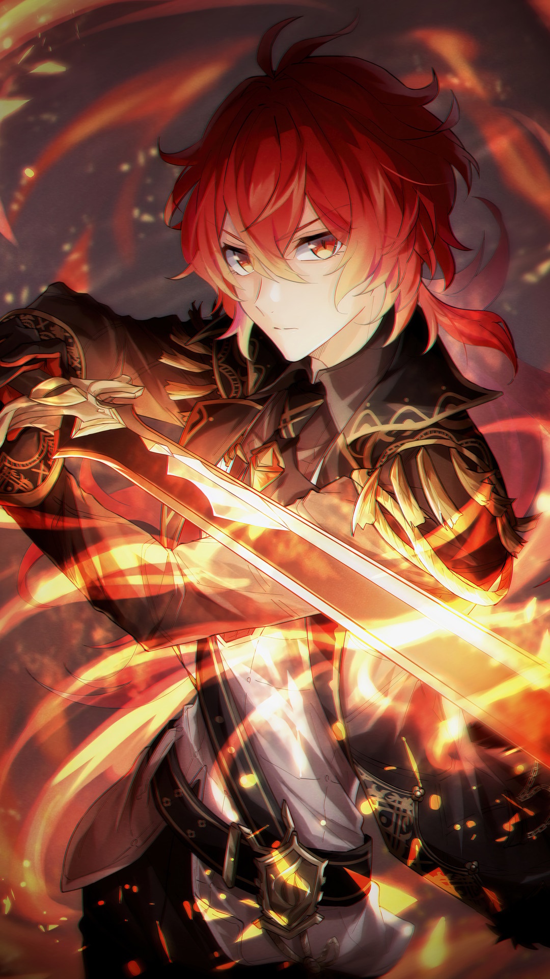 Diluc from Genshin Impact holding a flaming sword HD Phone Wallpaper