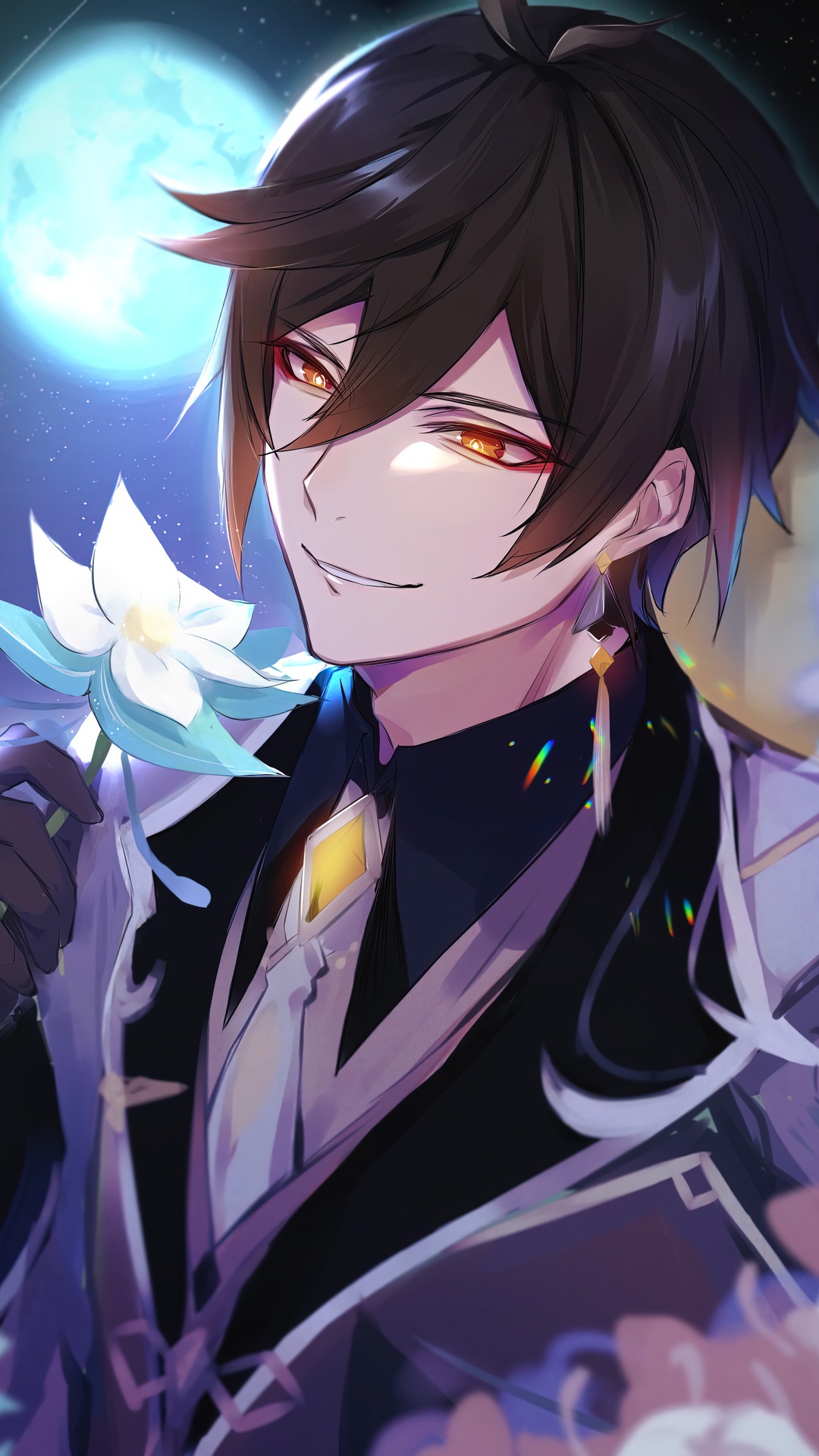 Zhongli from Genshin Impact holding a white flower HD Phone Wallpaper