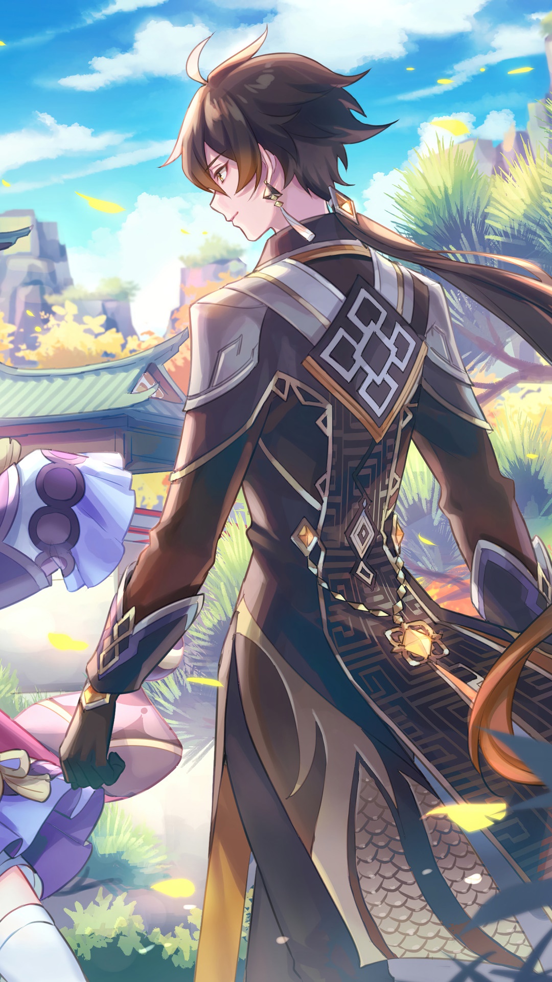 Zhongli from Genshin Impact with Qiqi HD Phone Wallpaper