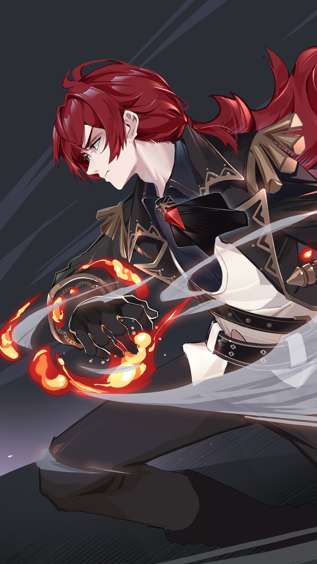 Diluc from Genshin Impact with fire HD Phone Wallpaper