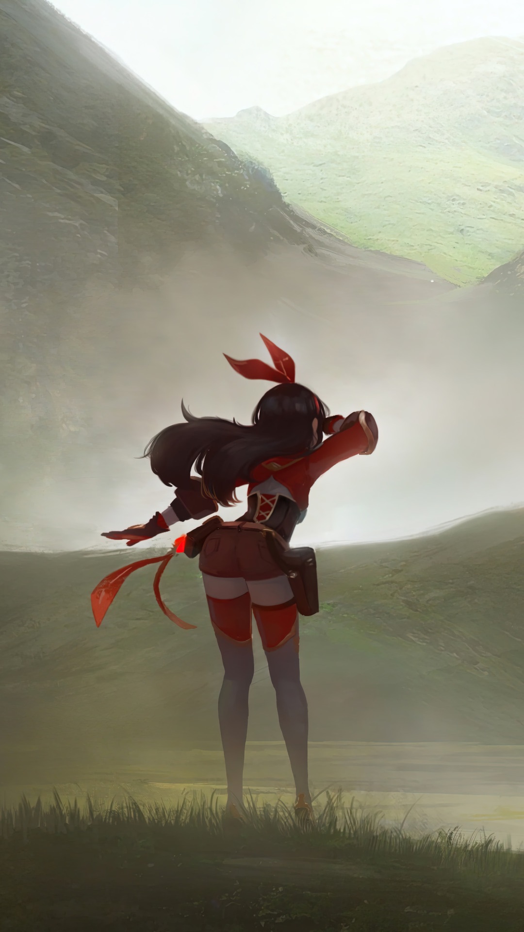 Amber from Genshin Impact in a misty landscape HD Phone Wallpaper