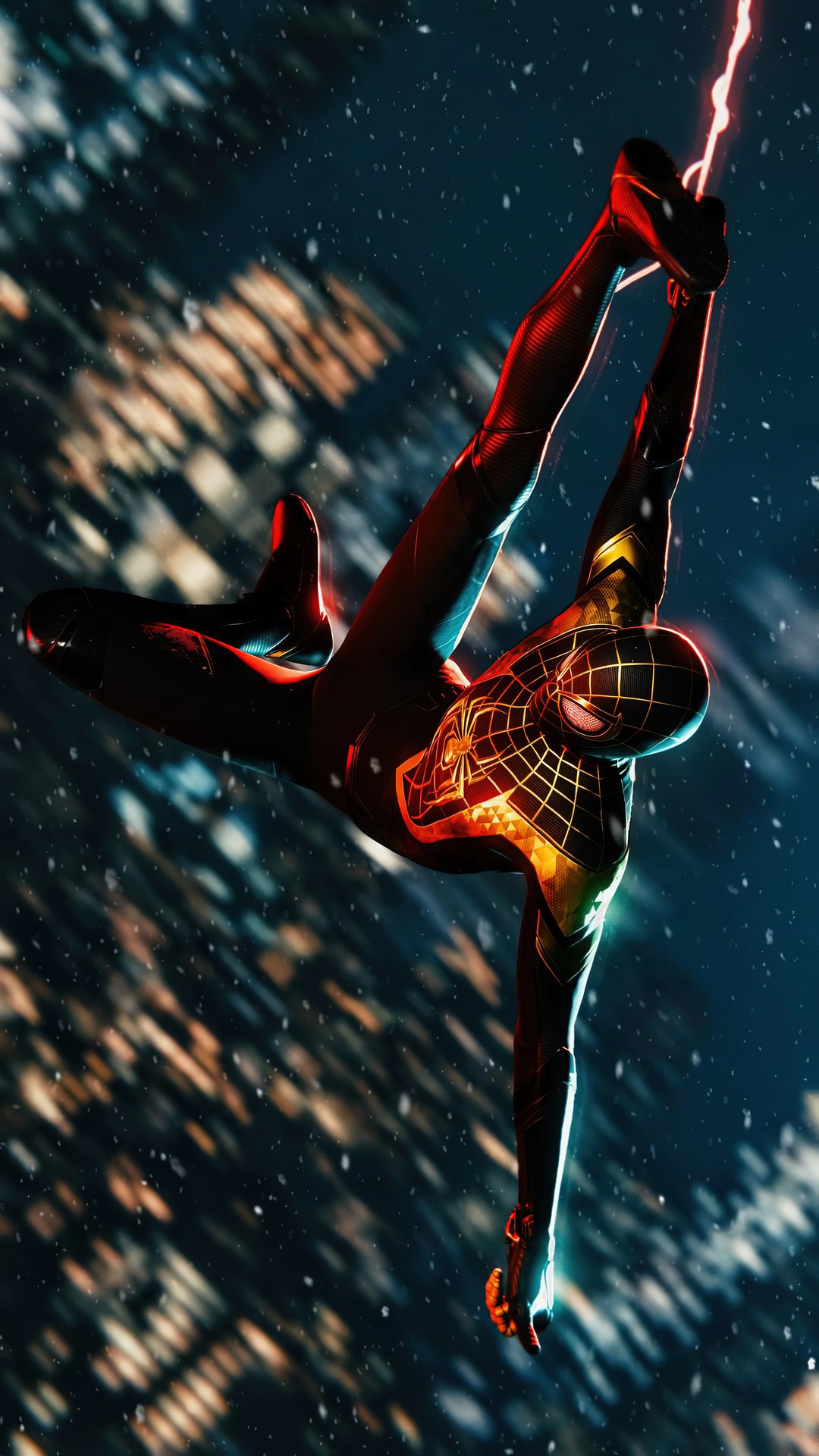 Spider-Man Miles Morales swinging through the city HD Phone Wallpaper
