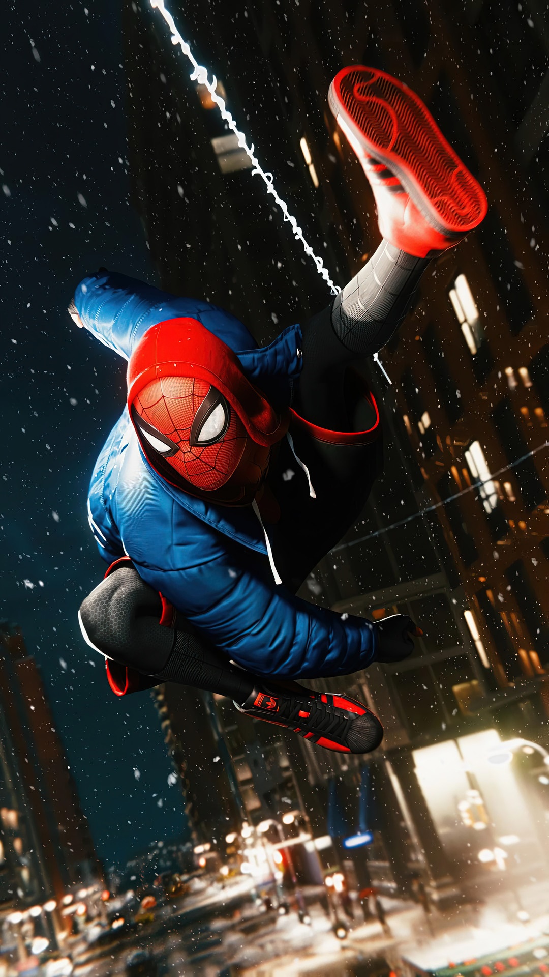 Miles Morales from Marvel's Spider-Man: Miles Morales swinging HD Phone Wallpaper