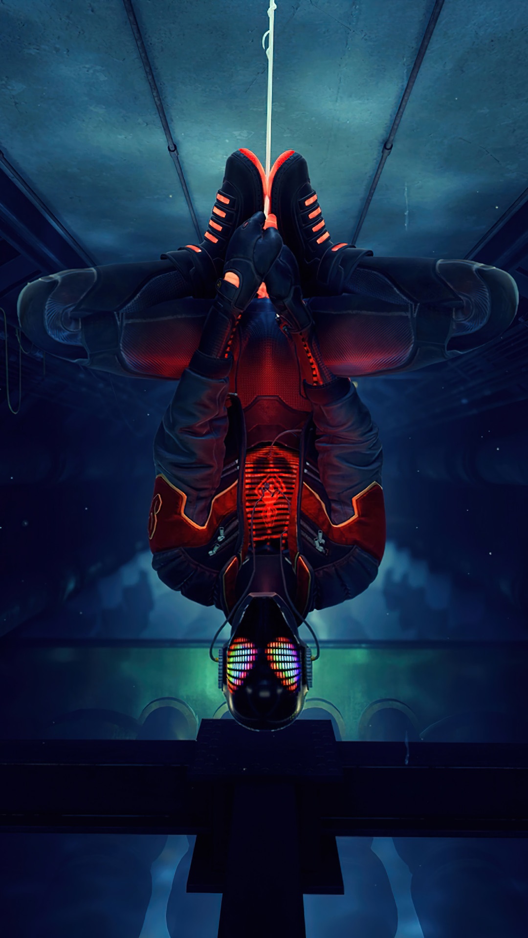 Spider-Man (Miles Morales) hanging upside down HD Phone Wallpaper
