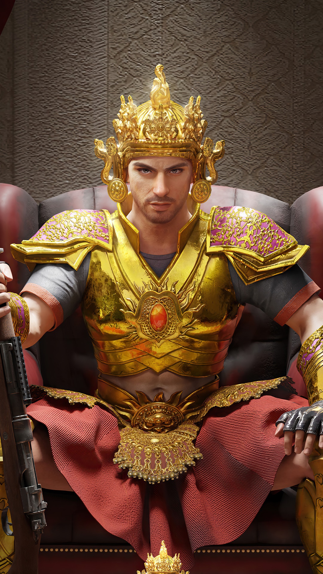 Man in golden armor with crown holding rifle HD Phone Wallpaper