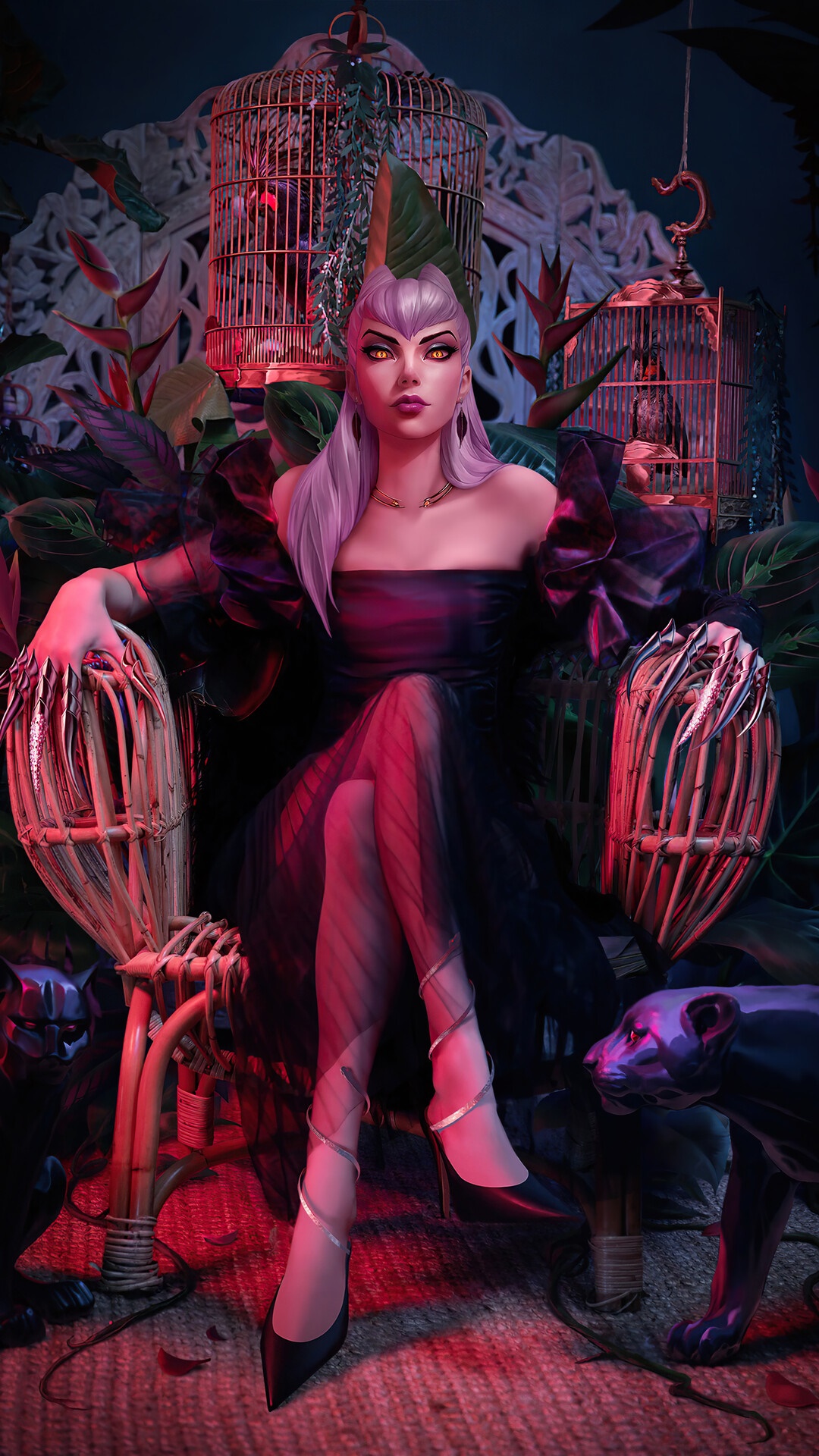 Evelynn from League of Legends sitting on a throne HD Phone Wallpaper