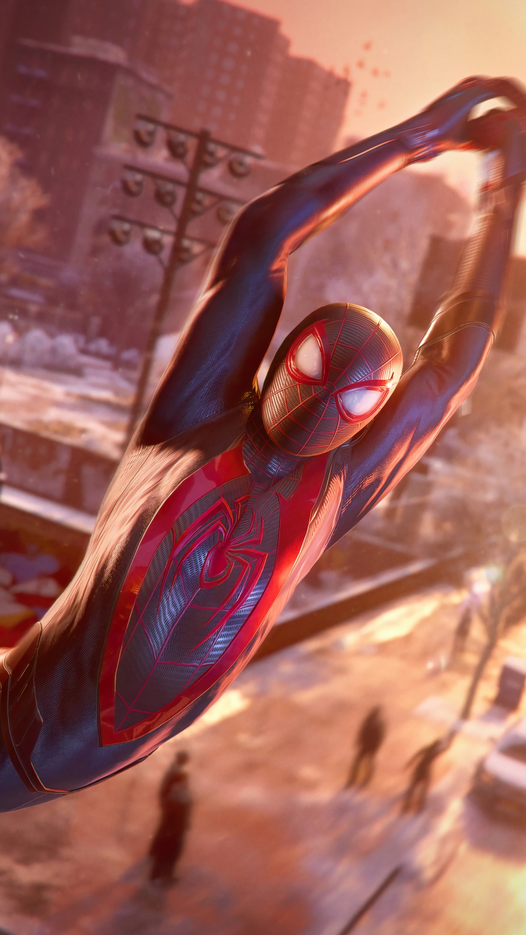 Miles Morales from Marvel's Spider-Man swinging through a city HD Phone Wallpaper