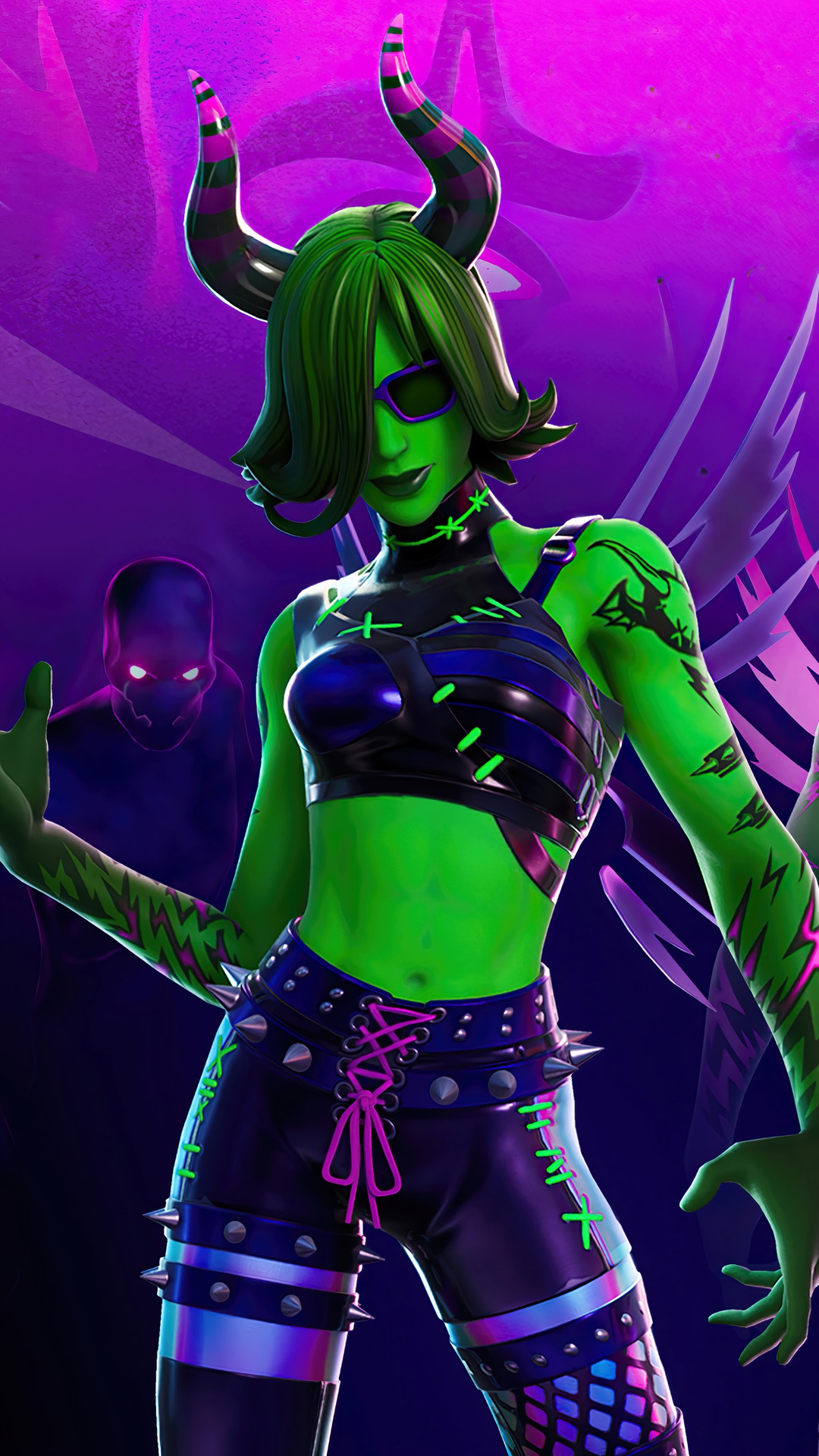 Fortnite character with green skin and horns HD Phone Wallpaper