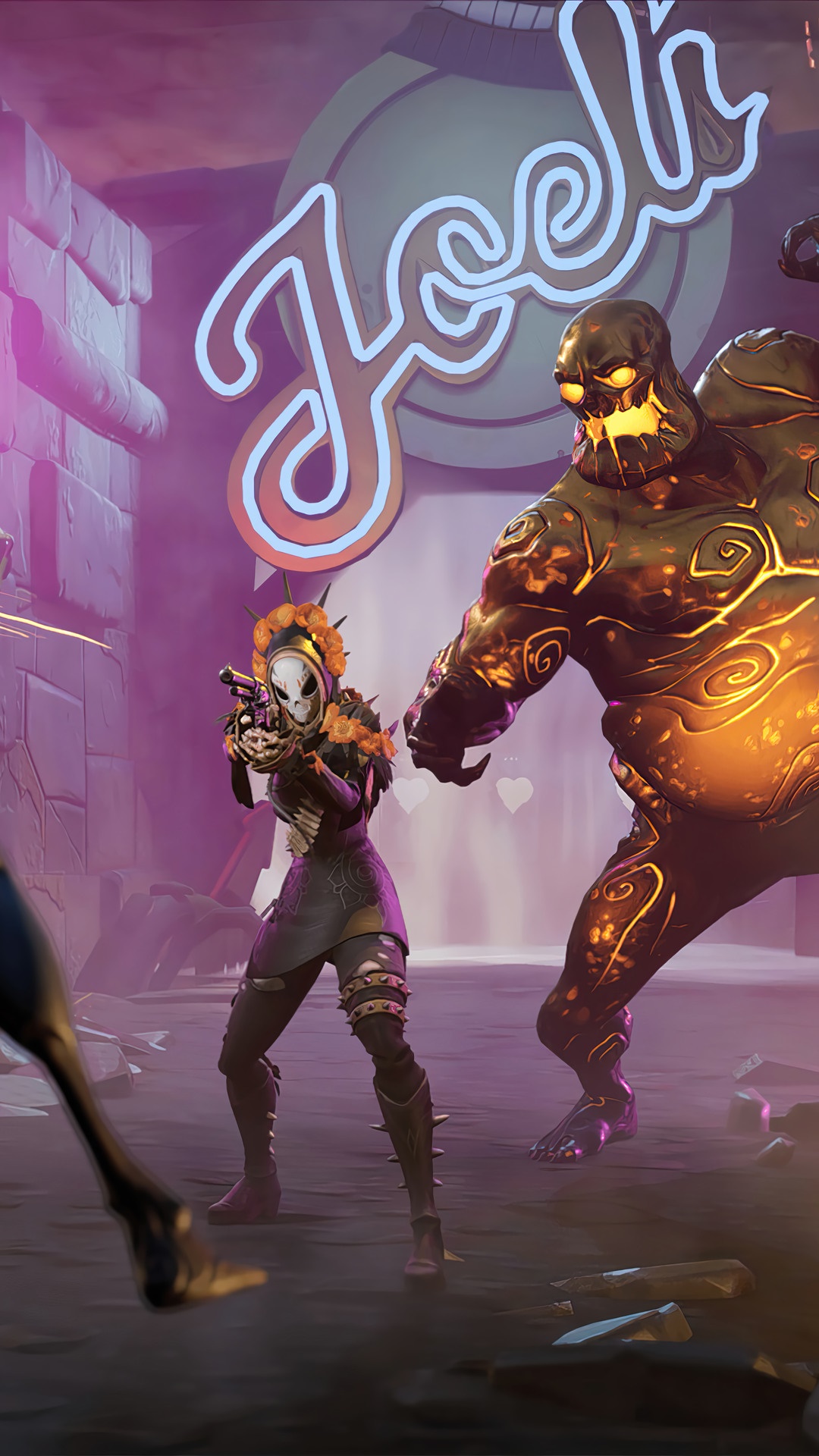 Fortnite character with skeleton mask and a lava monster HD Phone Wallpaper
