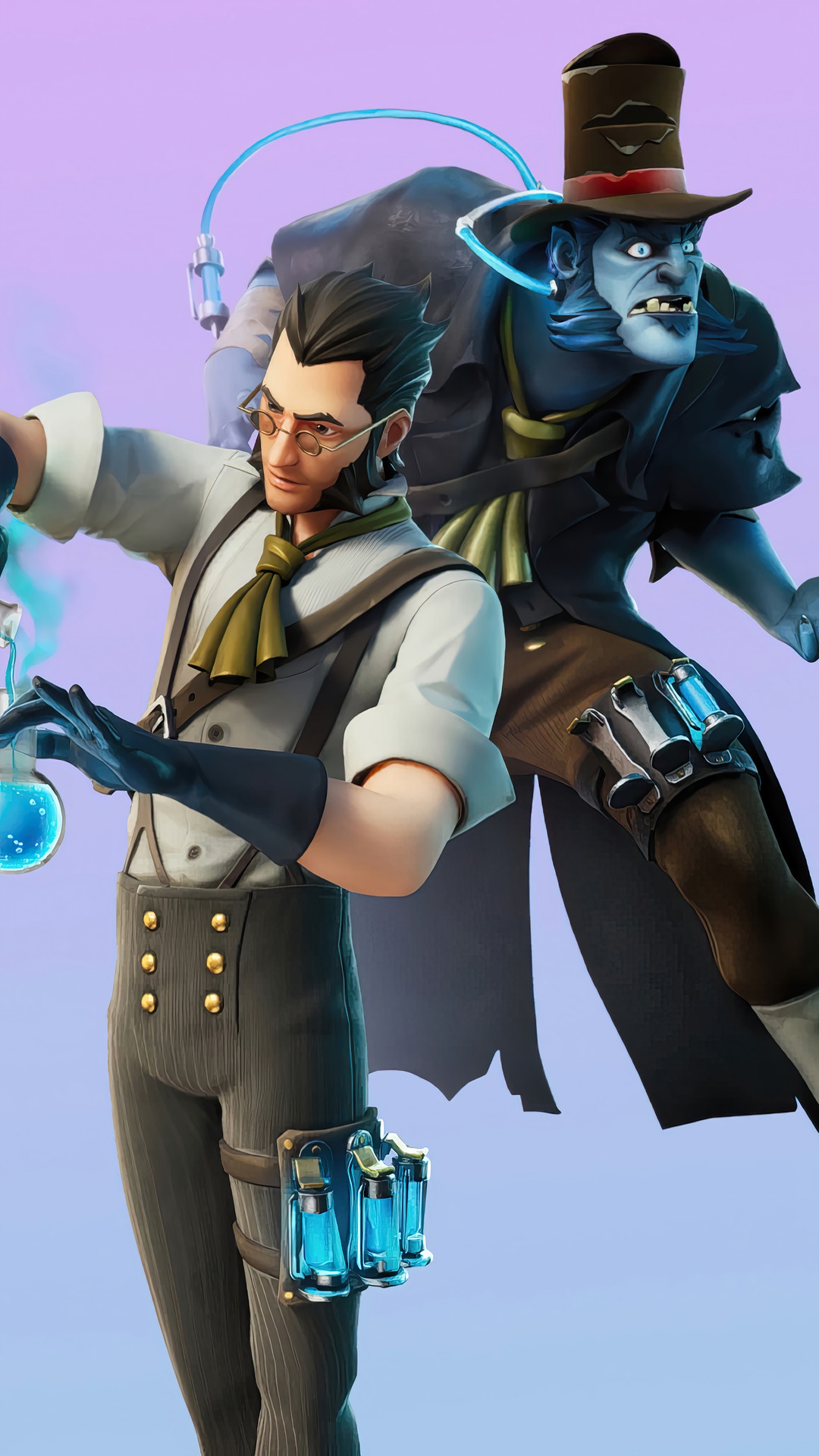Fortnite characters Dr. Slone and a creature HD Phone Wallpaper