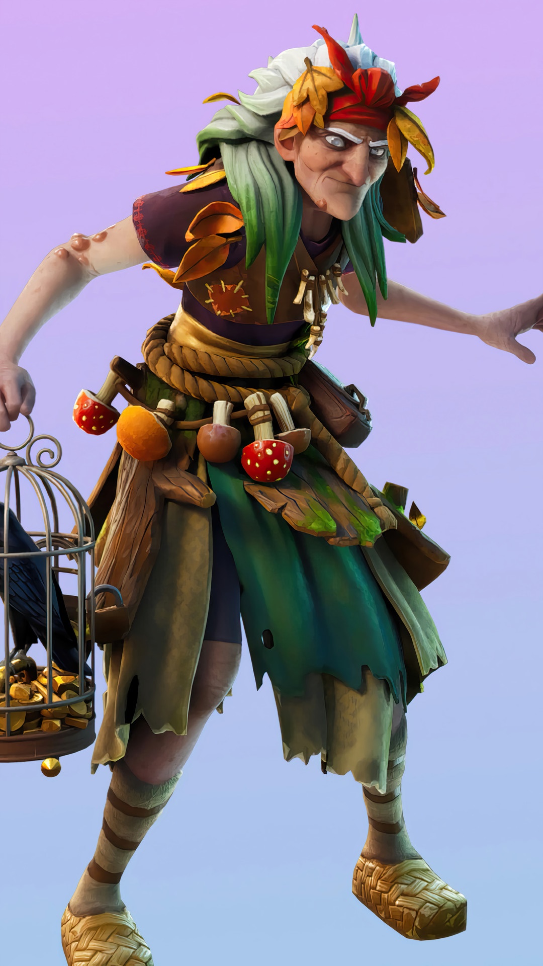 Fortnite character with birdcage and mushrooms HD Phone Wallpaper