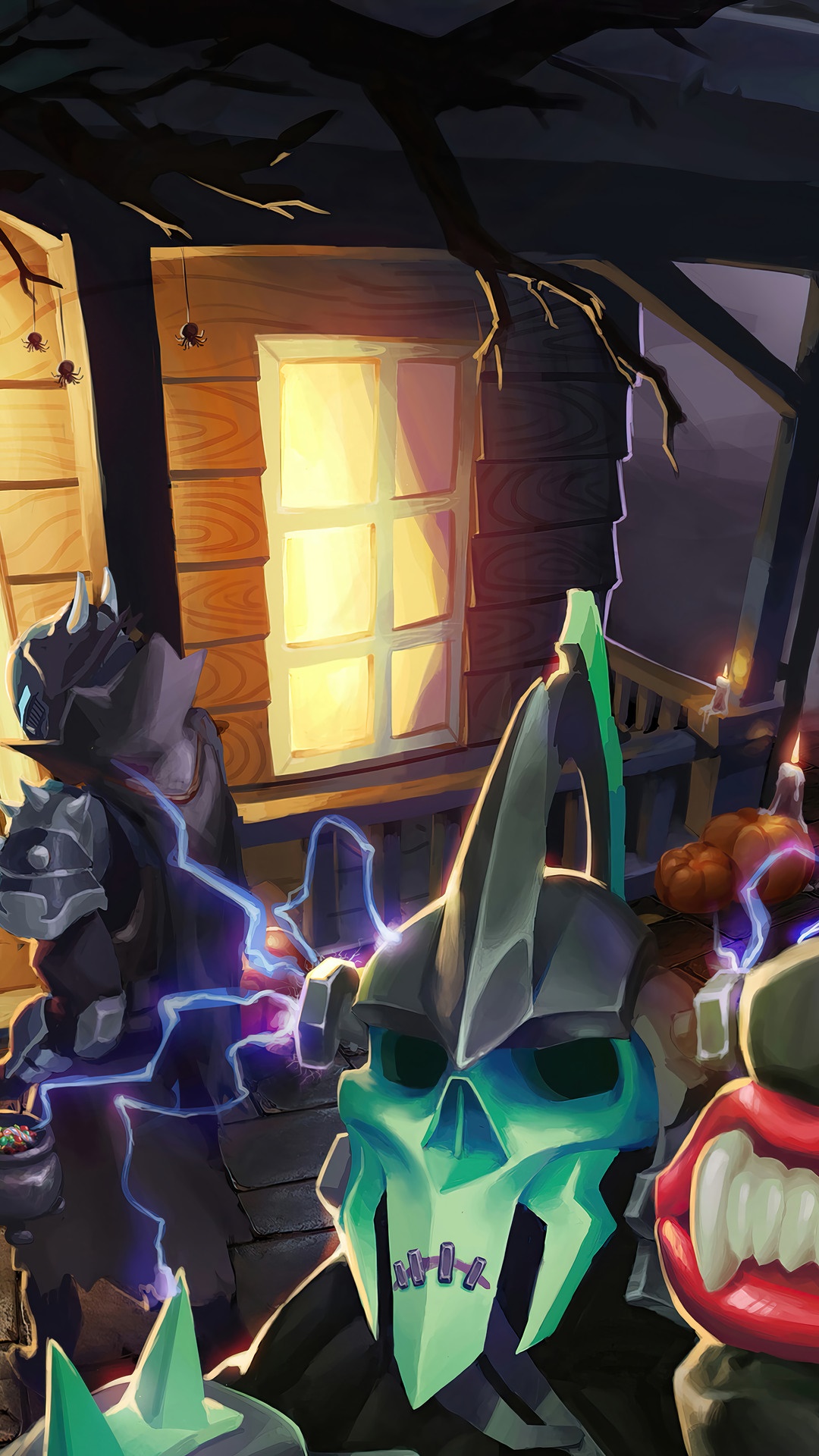 Halloween characters with pumpkins and candy HD Phone Wallpaper