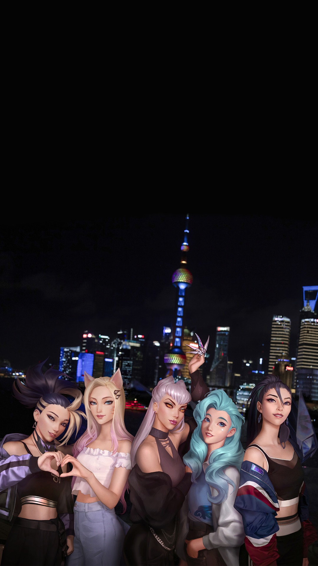 KDA members from League of Legends in Shanghai at night HD Phone Wallpaper